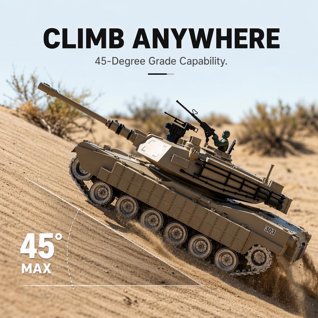 Carro Armato Telecomandato M1A2 1:18 – Cingoli Fumo Suono Luci Tiro Acqua 2.4GHz | Tank RC Giocattolo Militare Regalo Bambino 8 Anni | Kit Completo