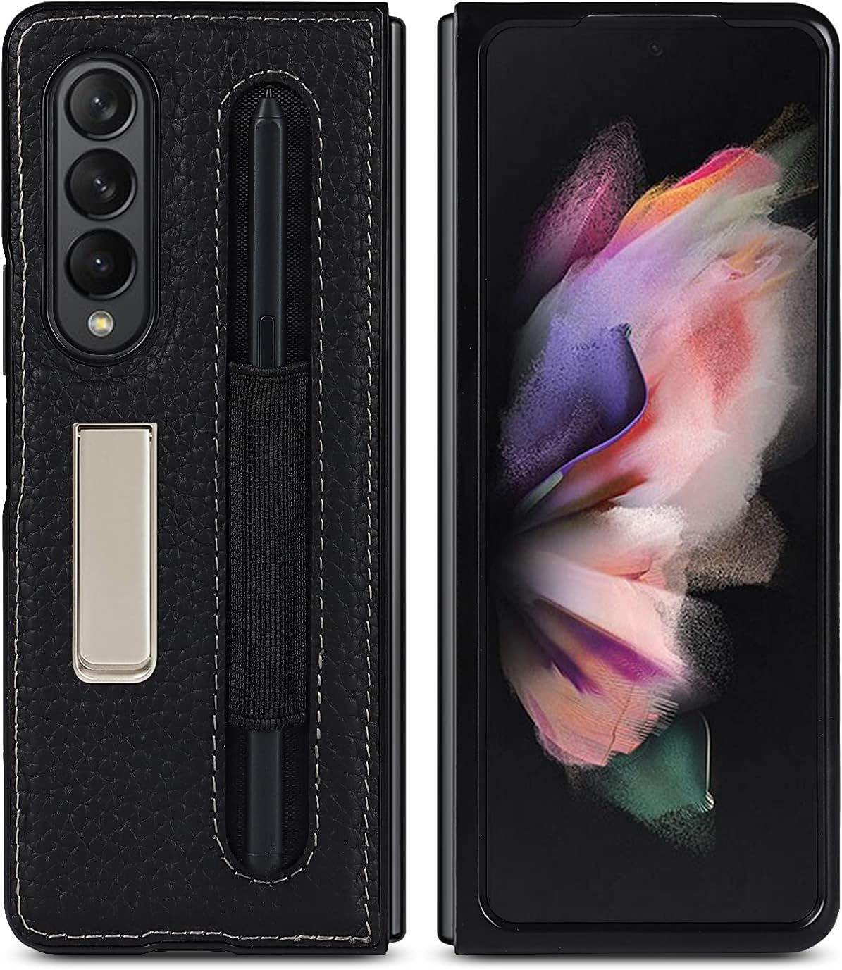 Galaxy Fold3 5G Genuine Leather Case, Galaxy Fold3 Case, Samsung Galaxy Fold3 Card Storage, Samsung Galaxy Fold3 Notebook Type Cover, Galaxy Fold3 Cover, Samsung Galaxy Fold3 PU Cover, Galaxy Fold3 Notebook Type Case, Pencil Storage, Cavor Galaxy Fold3 5G Mobile Phone Cover, Samsung Galaxy Fold3 Wallet Type, Cover, Lychee Pattern, Handmade, Tand Function, Lightweight, Durable, Convenient, Multi-functional, Drop Protection, Black