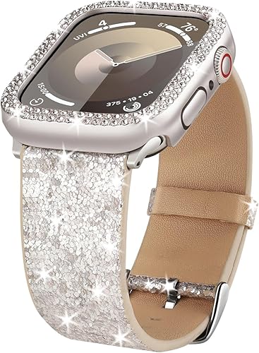 Correas brillantes compatibles con Apple Watch Band de 1.496 in, 1.575 in, 1.614 in, 1.654 in, 1.732 in, 1.772 in + funda, correa de cuero con