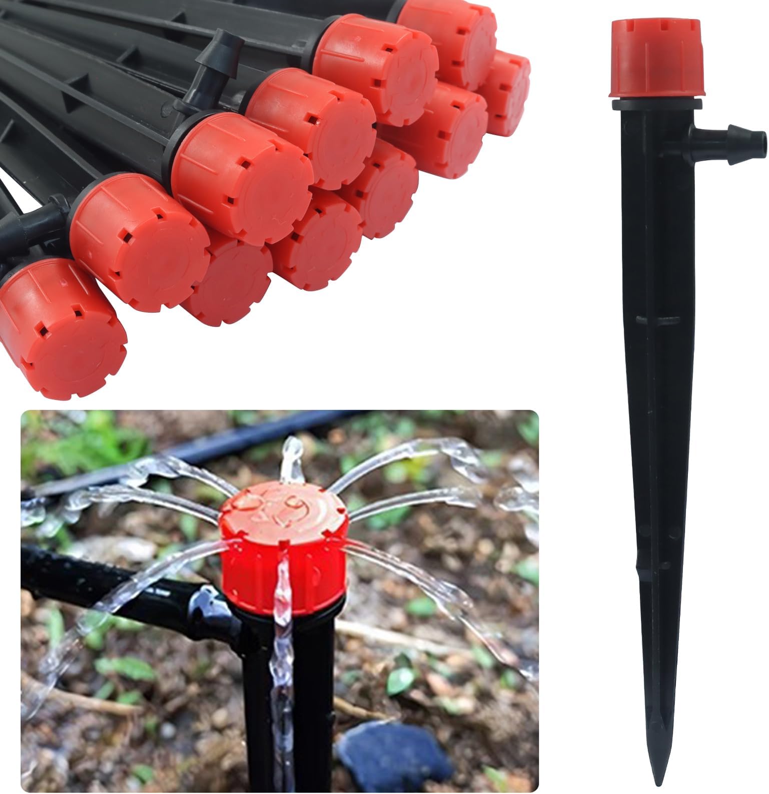 100Pcs Red Adjustable Drip Irrigation Emitters, 360 Degree Water Flow Drippers Sprayer 1/4 inch Tubing, Garden Drippers for House Watering System(8 Holes)