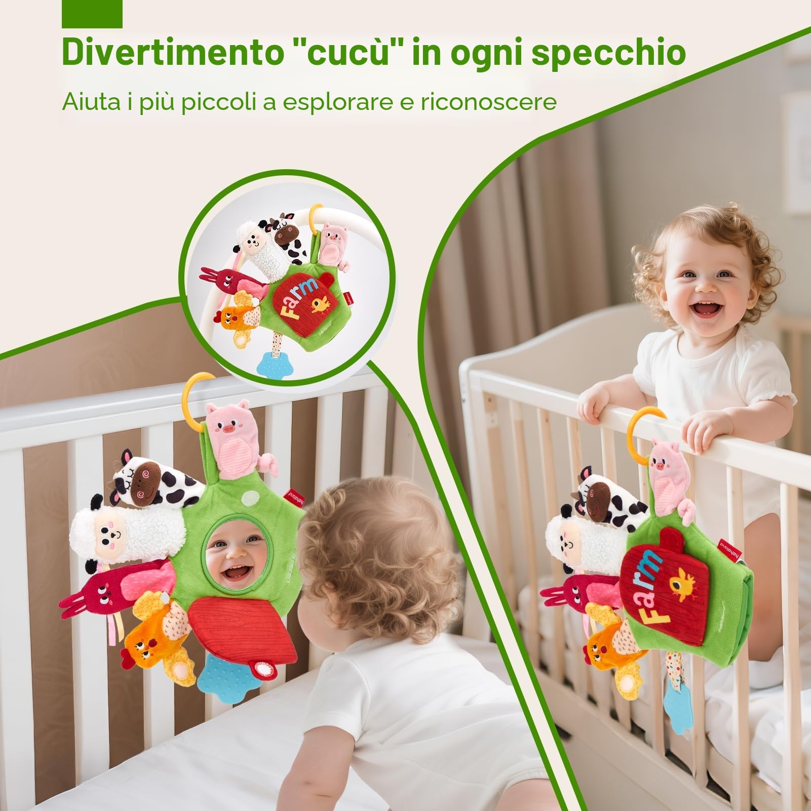 hahaland Giochi Sensoriali Neonati 6 Mesi, Guanto Marionetta della Fattoria Interattivi Gioco Montessori 6 Mesi, con Sonaglio/Specchio, Tummy Time Neonato 3 6 9 12 Mesi
