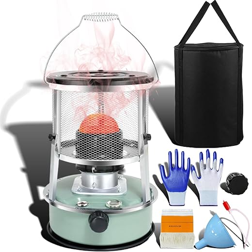 Non Electric Heaters for Indoor, 9000 Btu(Lasts 18 H) Kerosene Heater Indoor for Large Rooms, Portable Heater for Power Outage, Suitable for Camping, Garage, Emergency Heat & Cooking (Green 7 Piece)