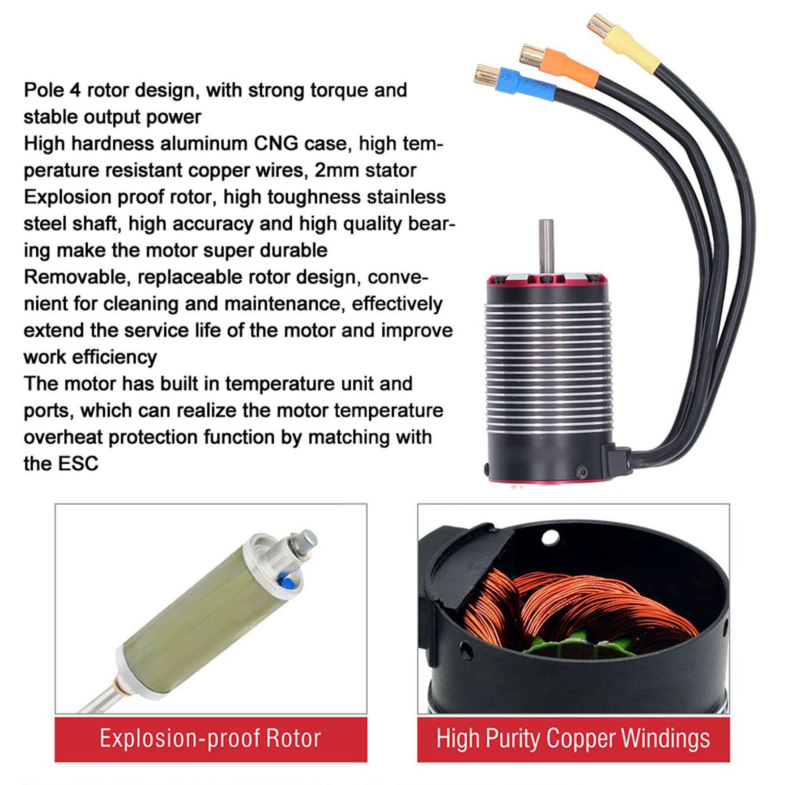 Motor RC 4268 2450KV Motor sin escobillas sin sensores de 4 polos Motores eléctricos RC con puerto de control de temperatura para coches 1/8 RC