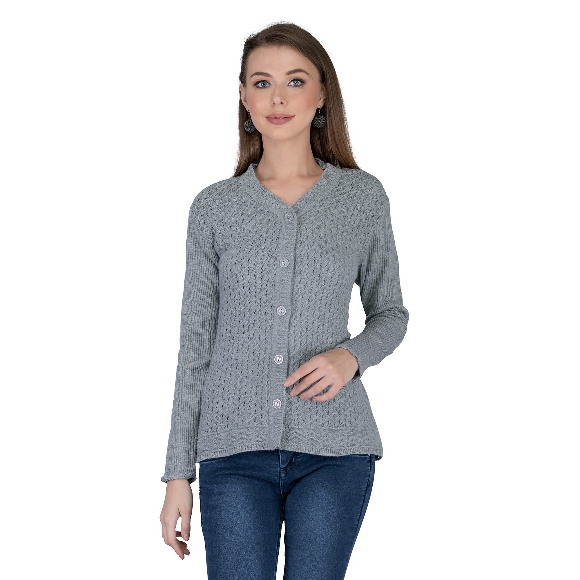 lady willington Women's Woolen V-Neck Cardigan - Heavy Daffodil Fabric Winter Wear Pure Wool Long Cotty Fully Warm Cardigan for Women (Large, Grey)-picture-35