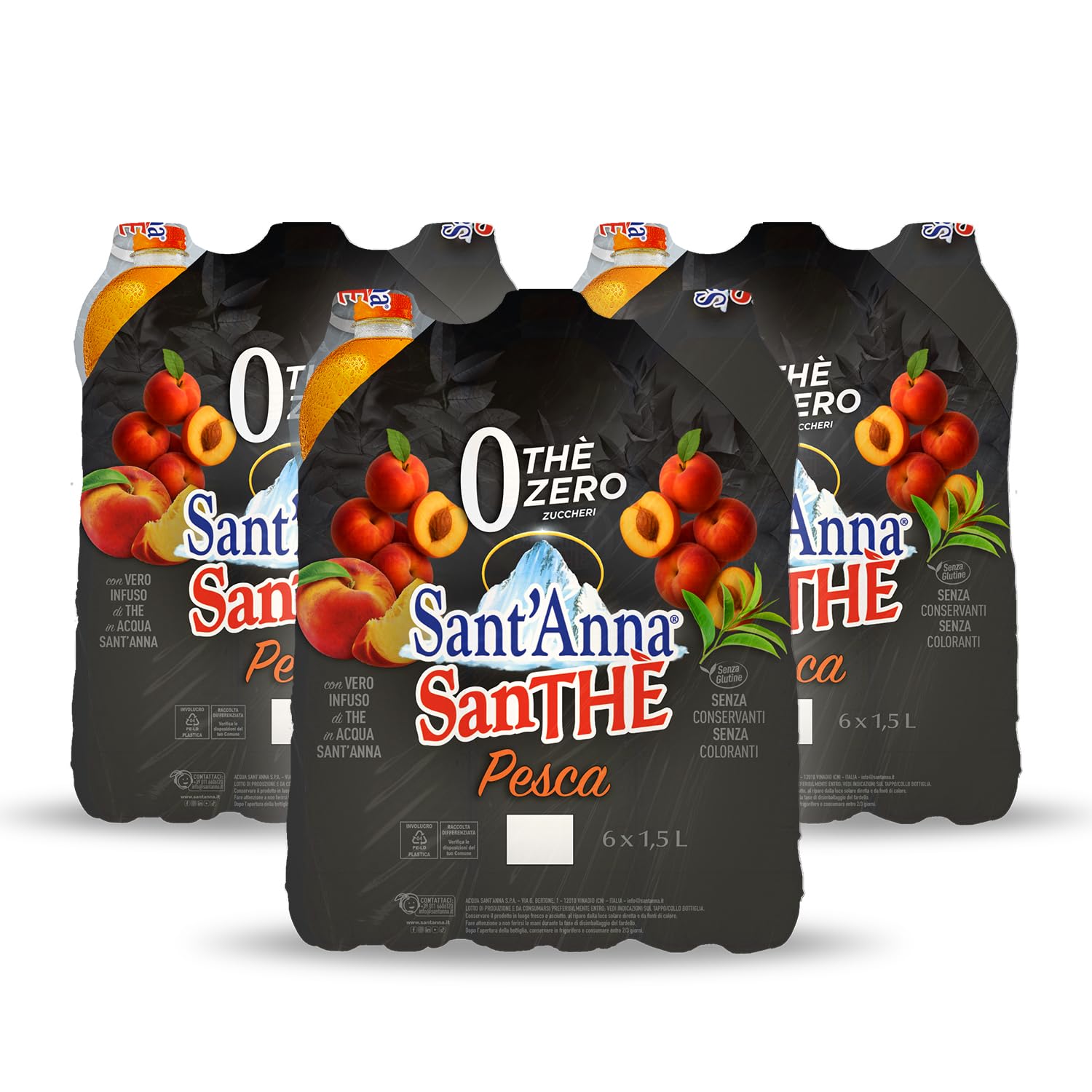 Sant'Anna SanThè Zero 1,5L Gusto Pesca | Pack 3 Confezioni da 6 Bottiglie di Vero Infuso di Thè in Acqua Sant'Anna | Zero Zuccheri, Zero Calorie, Zero Glutine