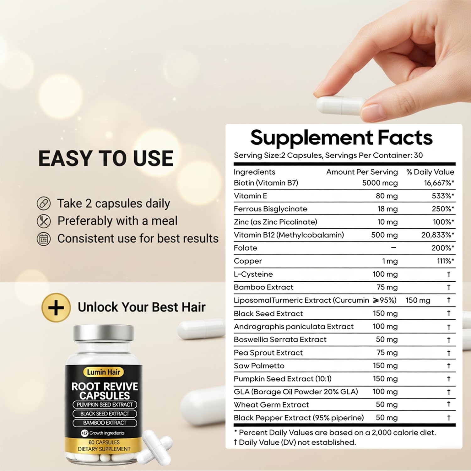 Root Revive Capsules for Women with Thinning Hair, Daily Hair Nourishment with Black Seed Extract, Biotin, Bamboo Extract and Saw Palmetto, Supports Hair Growth & Strength, 60 Count