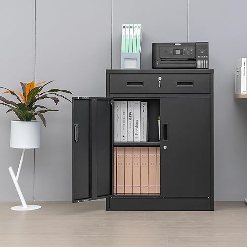 Miniatura 14 de CMY Armario de almacenamiento de metal con dos cajones, gabinetes de acero de 36 pulgadas de alto con estante ajustable, armario de almacenamiento