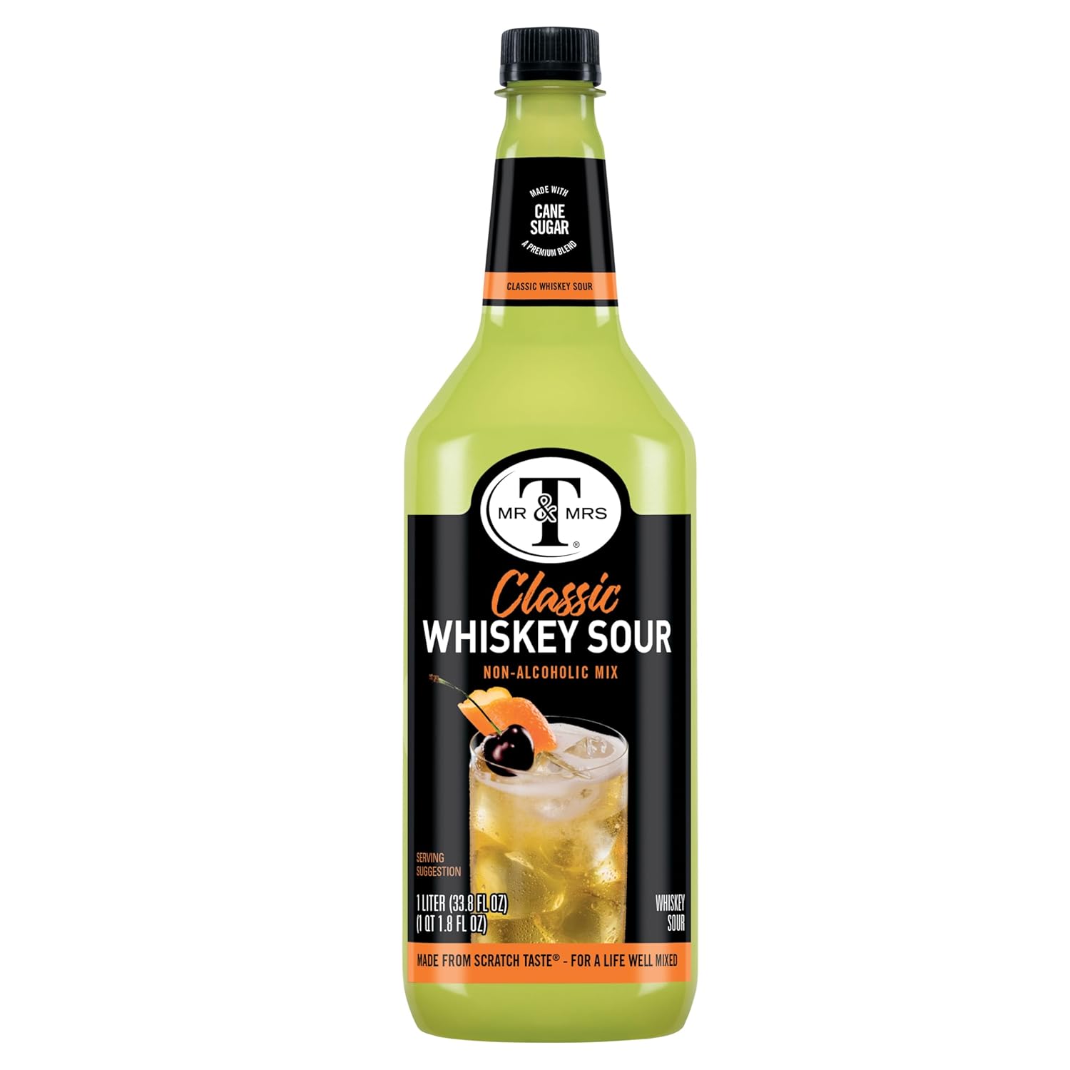 Mr & Mrs T Whiskey Sour Mix, 1 L bottle (Pack of 6), Tart and Sweet Blend Flavored Cocktail Mixer, Made with Cane Sugar, Perfect for Traditional Whiskey Sour and Mocktail Drinks