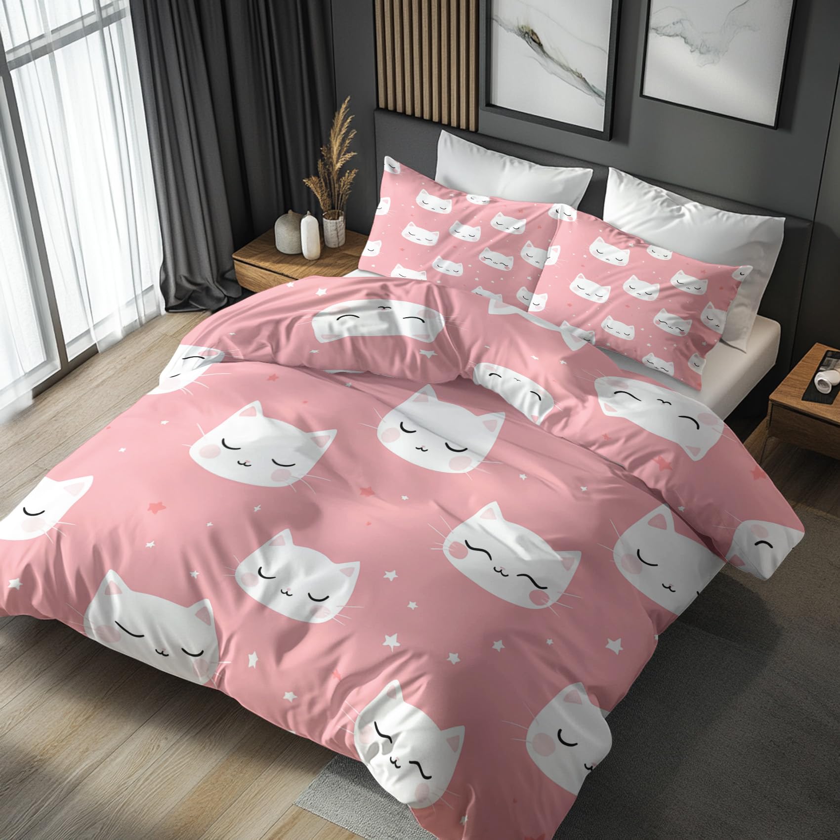 Emperor Duvet Cover Set Cute Cat, Reversible Emperor Bedding Sets Cartoon Kitten Pink Pattern for Bedroom Decor, Soft Microfibre Quilt Cover, 2 Pillowcases, Zip SHDB6