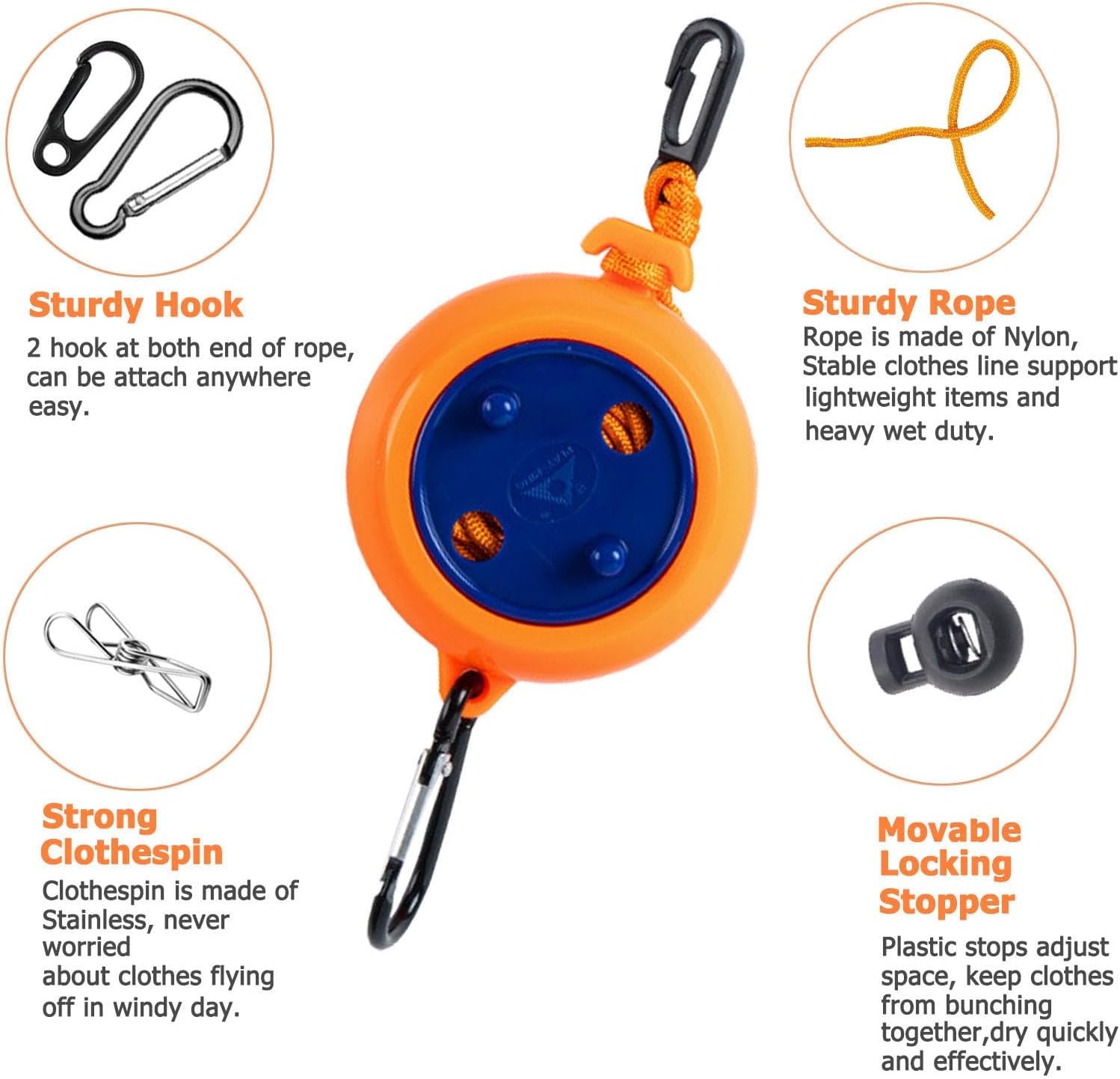 Retractable Camping Clothesline, Adjustable Travel Laundry Rope, Heavy Duty Washing Line with 20 Clothespins & 10 Stoppers for Indoor/Outdoor, Camping, Travel, Courtyard, 33ft (Orange 26ft) image 4