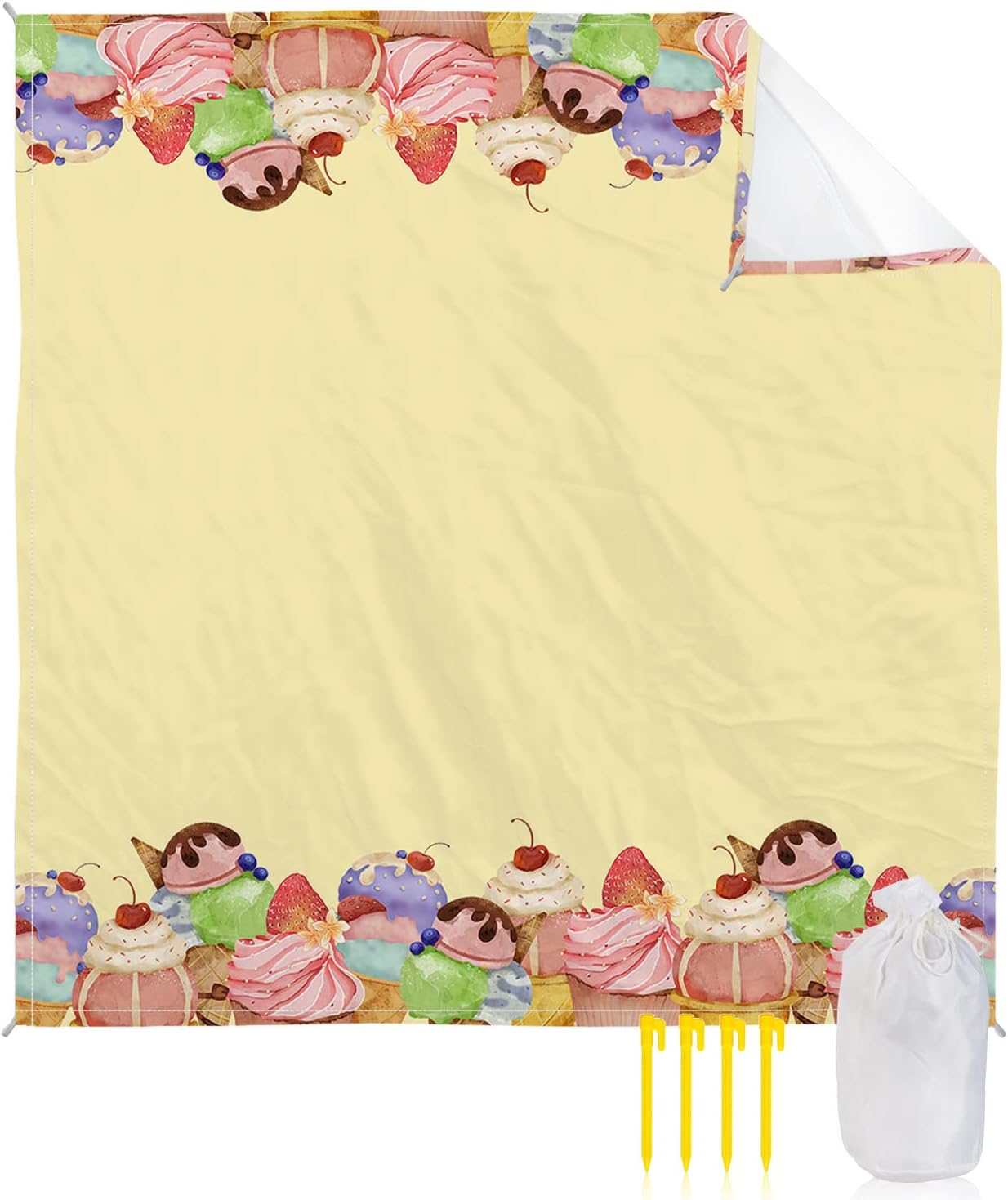 Ice Cream Colored Fruits Cone on Linen Burlap Beach Blanket Waterproof Sandproof Outdoor Picnic Mat 108"x84" Vinatge Cake Lightweight Large Beaach Blankets with 4 Stake & 4 Corner Pockets