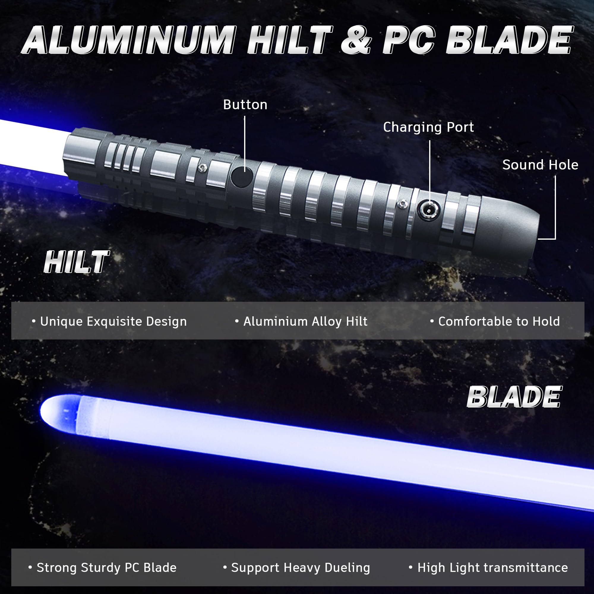 Spada laser Led Light Metal Alluminio Hilt, Fantasma Premium 3 modalità Sound Force FX Grey Hilt Series cambia colore Duello spada laser ( Grey Hilt )