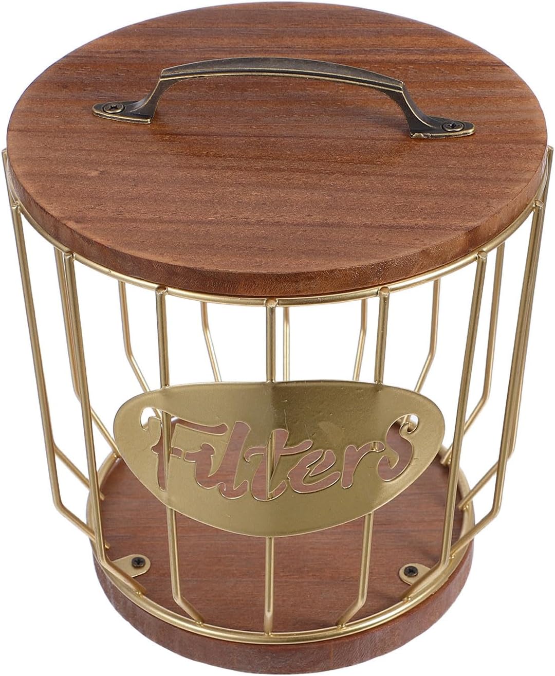 Coffee Pod Storage Holder Basket with Wood Lid, Golden Iron