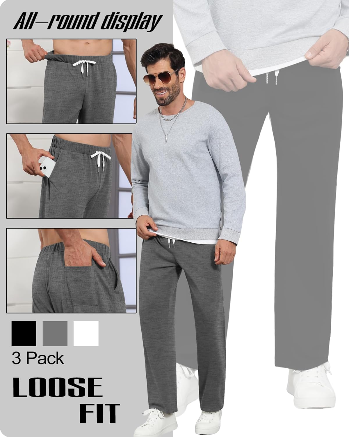 3 Pack Men's Big and Tall Baggy Sweatpants Wide Leg Drawstring Loose Athletic Workout Casual Pants with Pockets - Image 6
