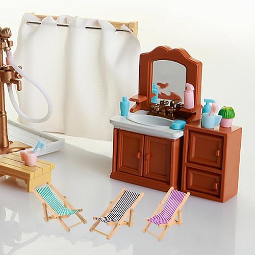 Miniatura 8 de 6 piezas s Mini sillas plegables de madera para tomar el sol de playa Mini Longue Sillas de cubierta Accesorios Casa de Muñecas Mini Decoración de