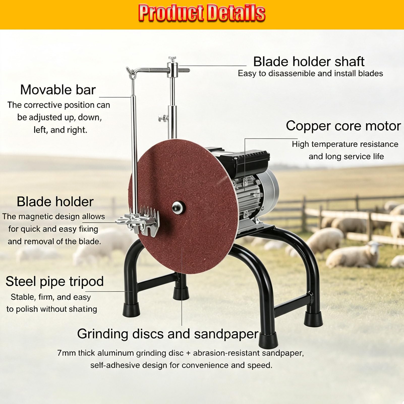 Afilador De Cuchillas para Esquilar Ovejas, Herramienta De Afilado con Motor EléCtrico, Accesorio PortáTil para Maquinaria AgríCola, Incluye 5 Hojas De Papel De Lija