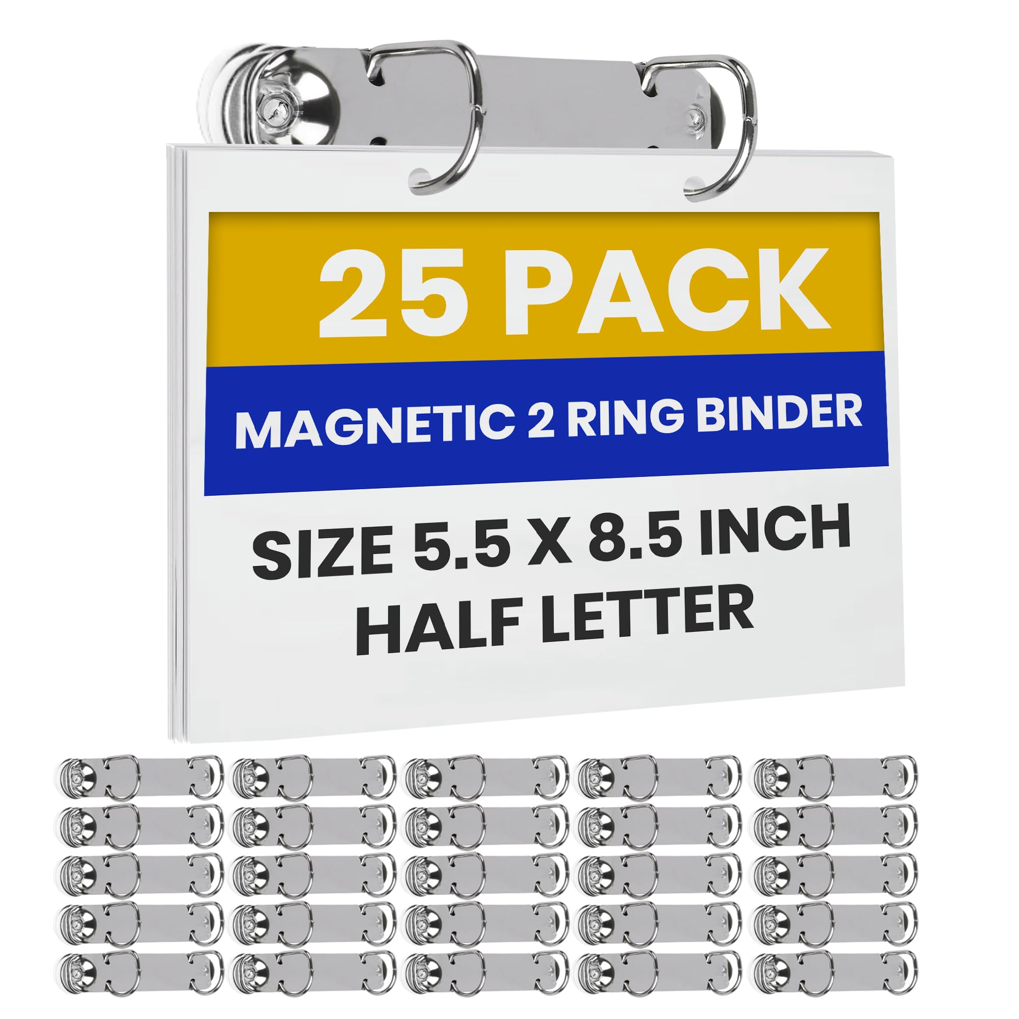 Magnetic 2 Ring Binder Mechanism, 1" D Shaped Rings, 25 Pack- for Hanging 5.5" Size Sheets of Paper