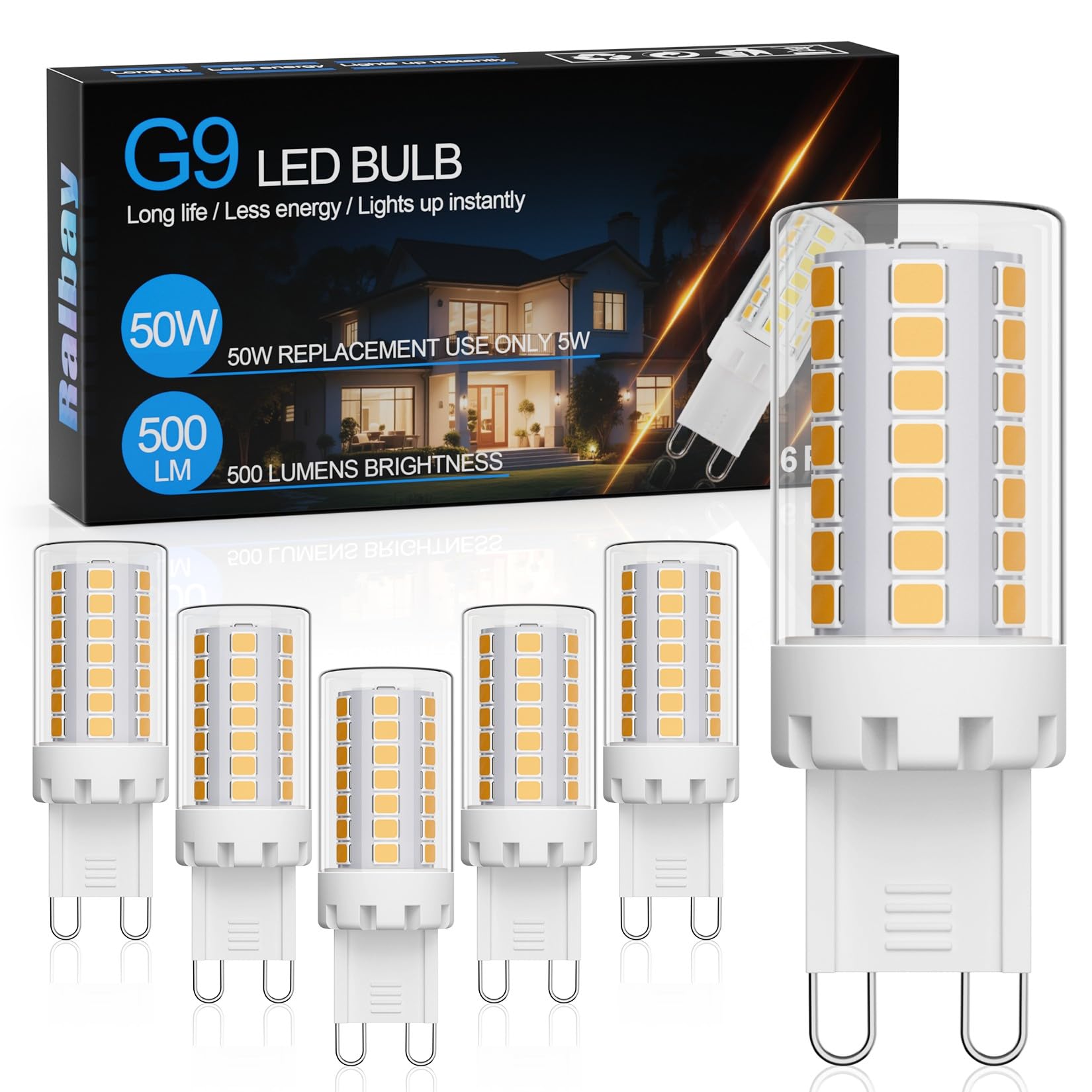Ralbay 6-Pack G9 LED Bulb 5W 3000K Warm White, 500LM Non-Dimmable, Energy Saving 360 Degree Light for Cabinet Kitchen Vanity, Ceramic Base