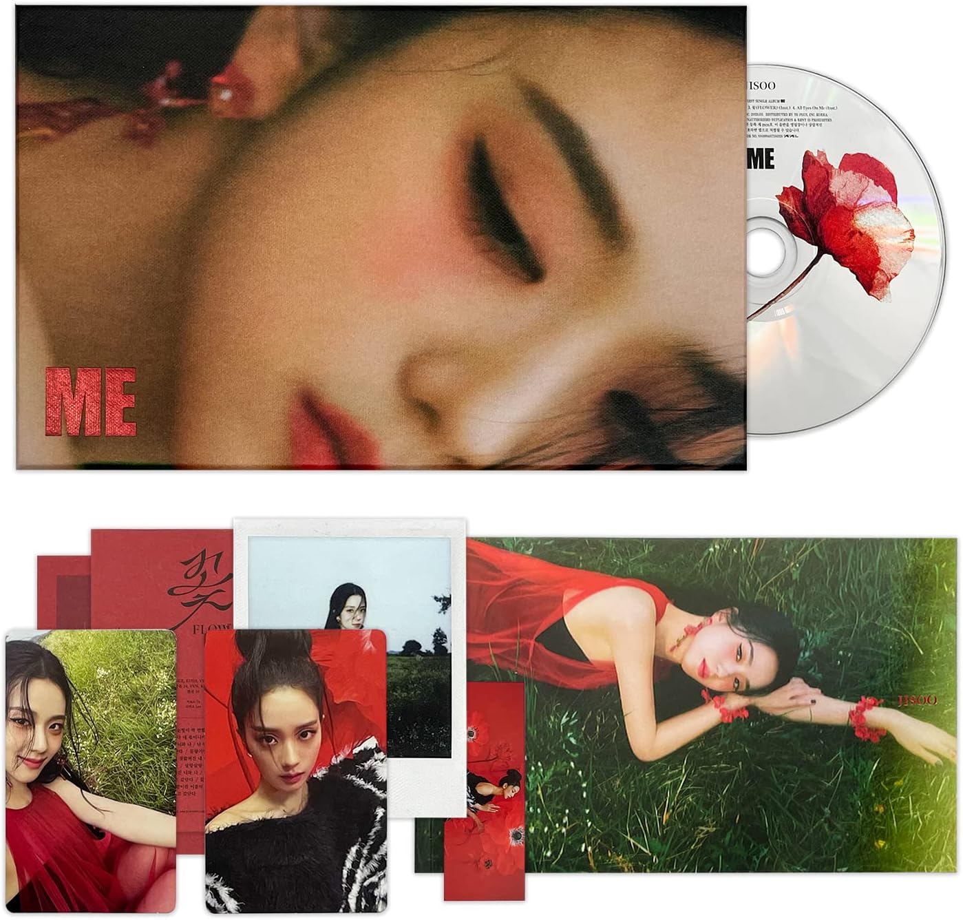 JISOO OF BLACKPINK - First Single Album [ME] (Red Ver.) Photobook + CD + Selfie Photocard + Polaroid + Lyrics Paper + Bookmark + Selfie Photocard + Double-Sided Poster + 2 Extra Photocards