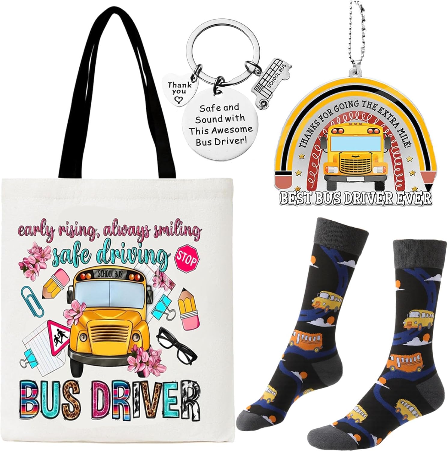 Bus Driver Gifts for Women, 4pcs Gift Set for Schoolbus Lovers, Bus Drivers Thank You Presents With Funny Novelty Socks