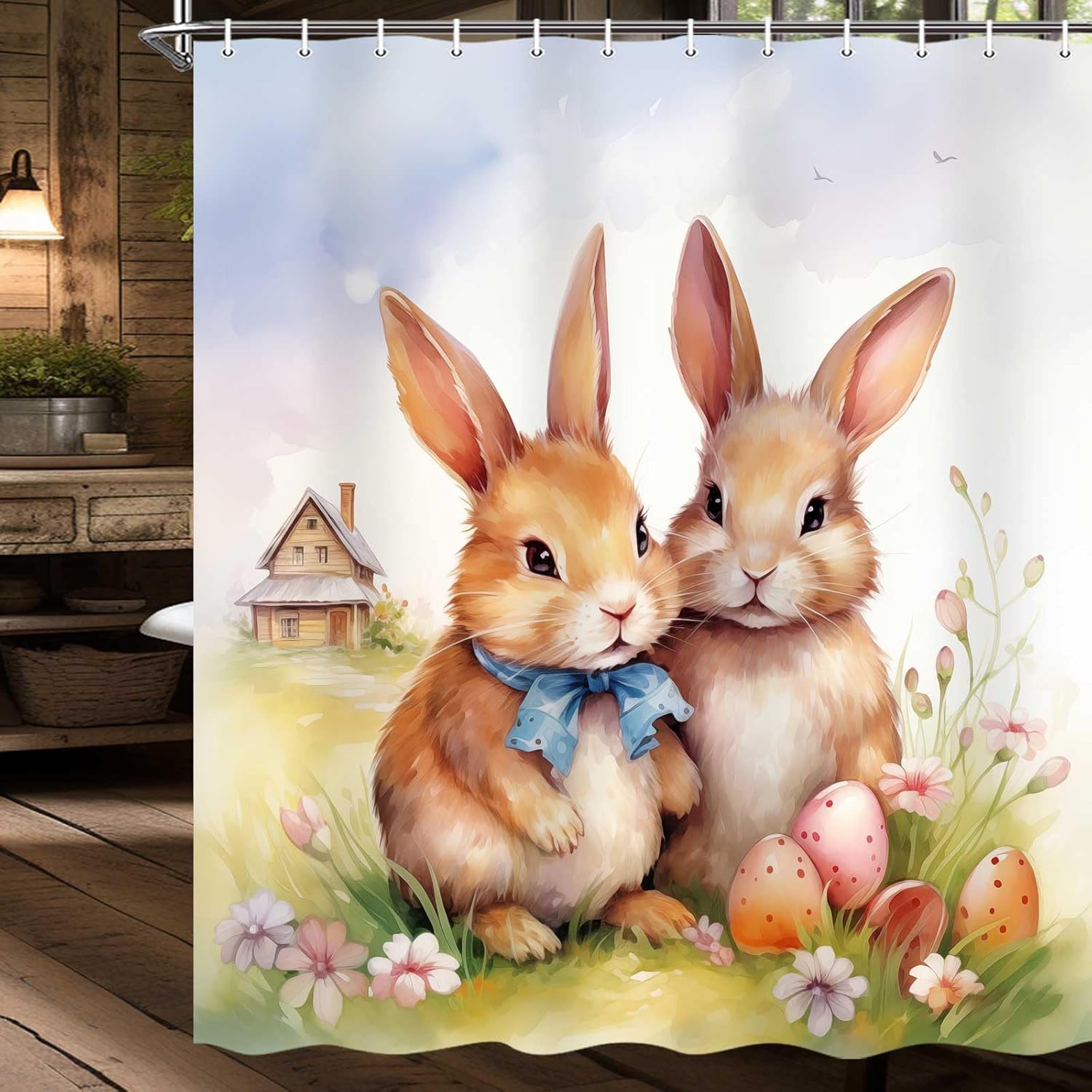 MERCHR Easter Shower Curtain Cute Bunny Rabbit Spring Decorations Farmhouse Flower Floral Bath Curtains Set Home Decor 71x71 Inches
