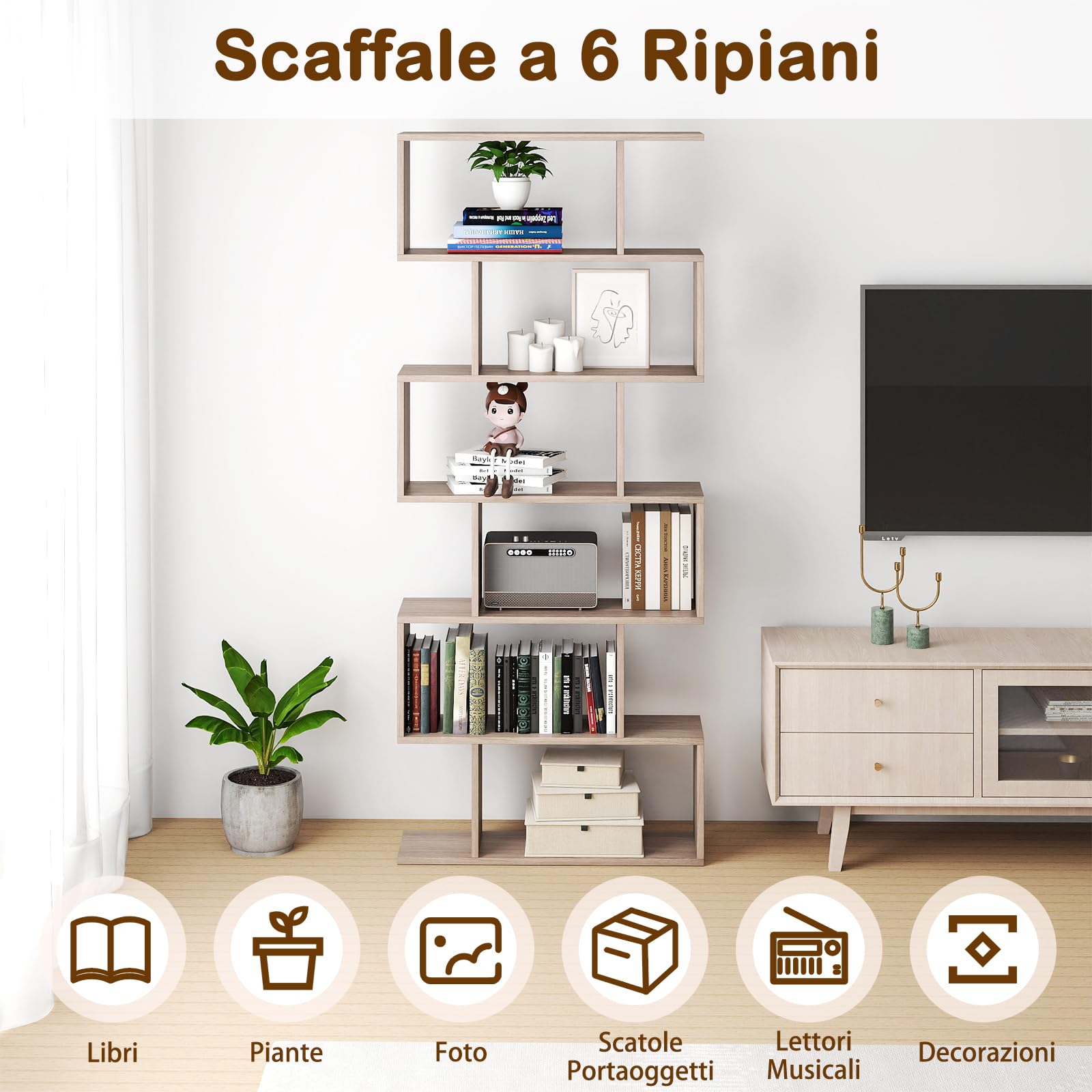 COSTWAY Scaffale a 6 Ripiani, Libreria a Forma di S, Libreria Scaffale da Terra in Legno, Divisorio per Soggiorno, Camera da Letto, Ufficio, 80 x 23 x 192 cm (Quercia)