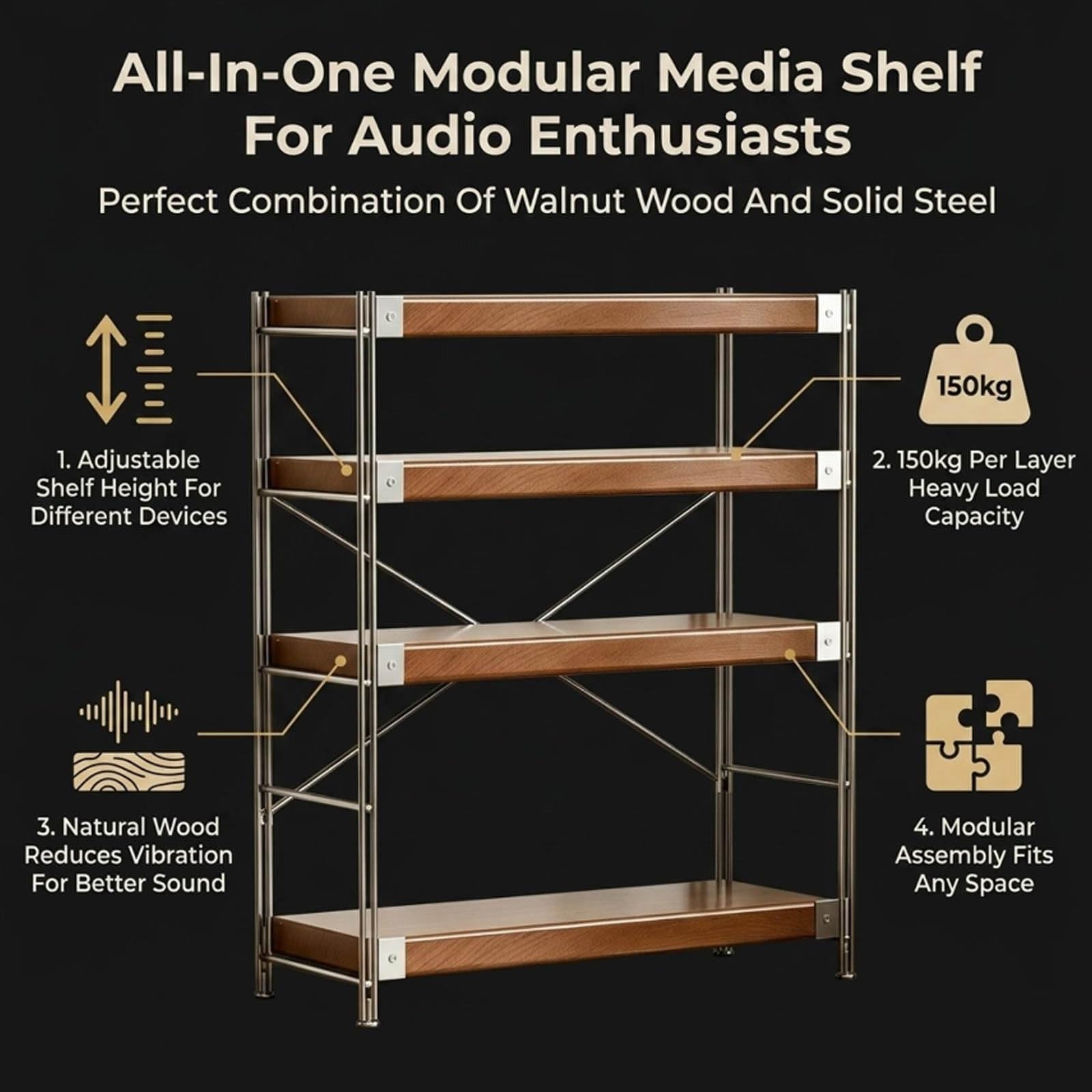 Console multimediale AV con scaffali Regolabili, 2 3 Rack in Legno Massiccio di 4 Livelli per Console di Gioco Dvd CD Audio, Armadio di archiviazione di Design Aperto 60 x 51 x 50 cm
