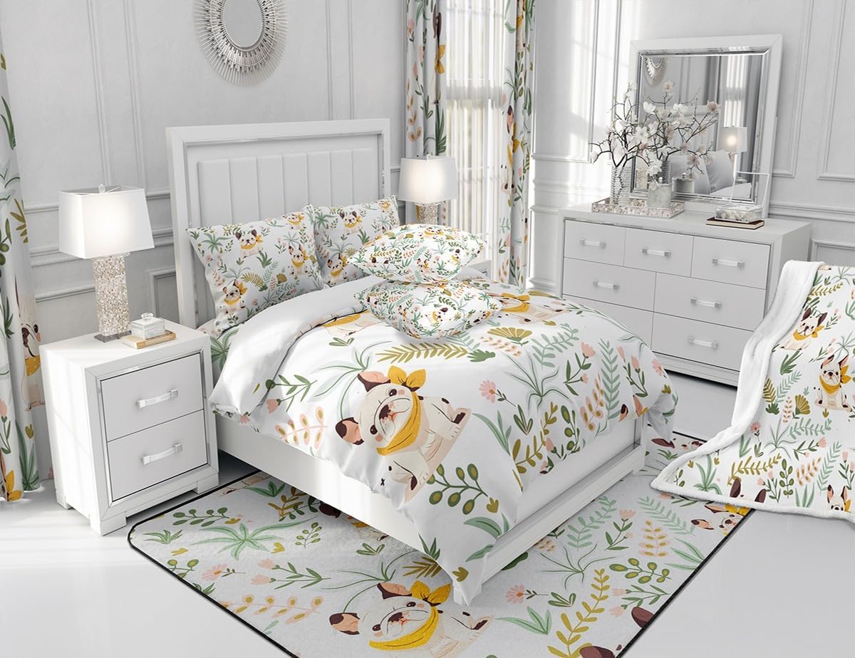 Cartoon Dog Comforter Set King Size,Kawaii French Bulldog Family Puppy Pet Bedding Set All Season Quilt Set,Cute Animal Boho Floral Plant White Microfiber Polyester Down Comforter