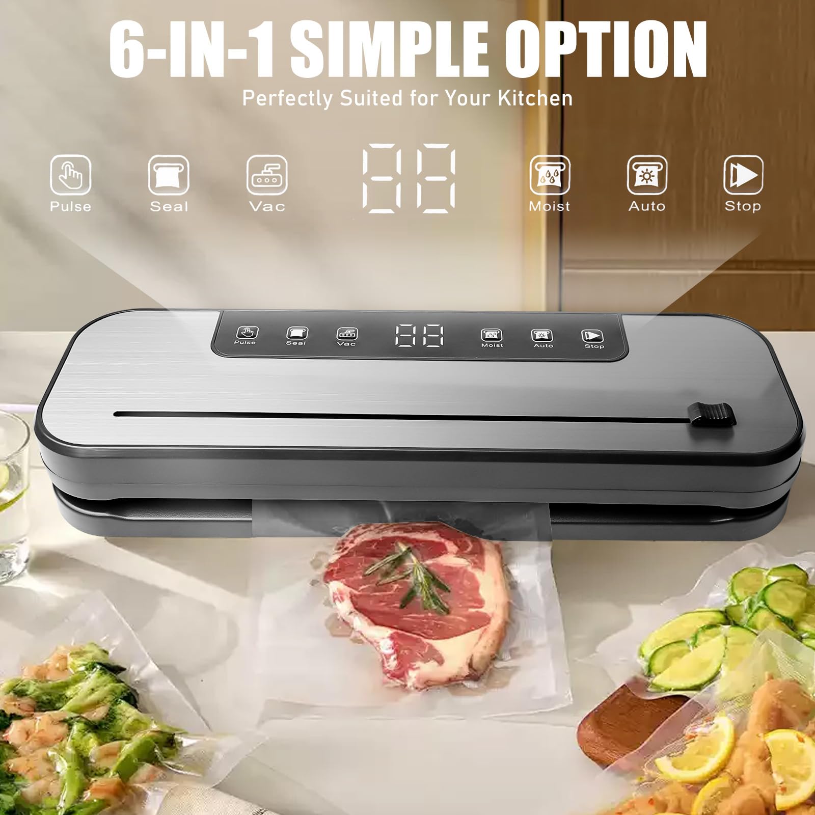 Aicharynic Macchina per sottovuoto 6 in 1, macchina per sottovuoto professionale, 75 Kpa, macchina per sottovuoto per alimenti, con 50 sacchetti sottovuoto e 1 tubo per asciutto, umidità, freschezza