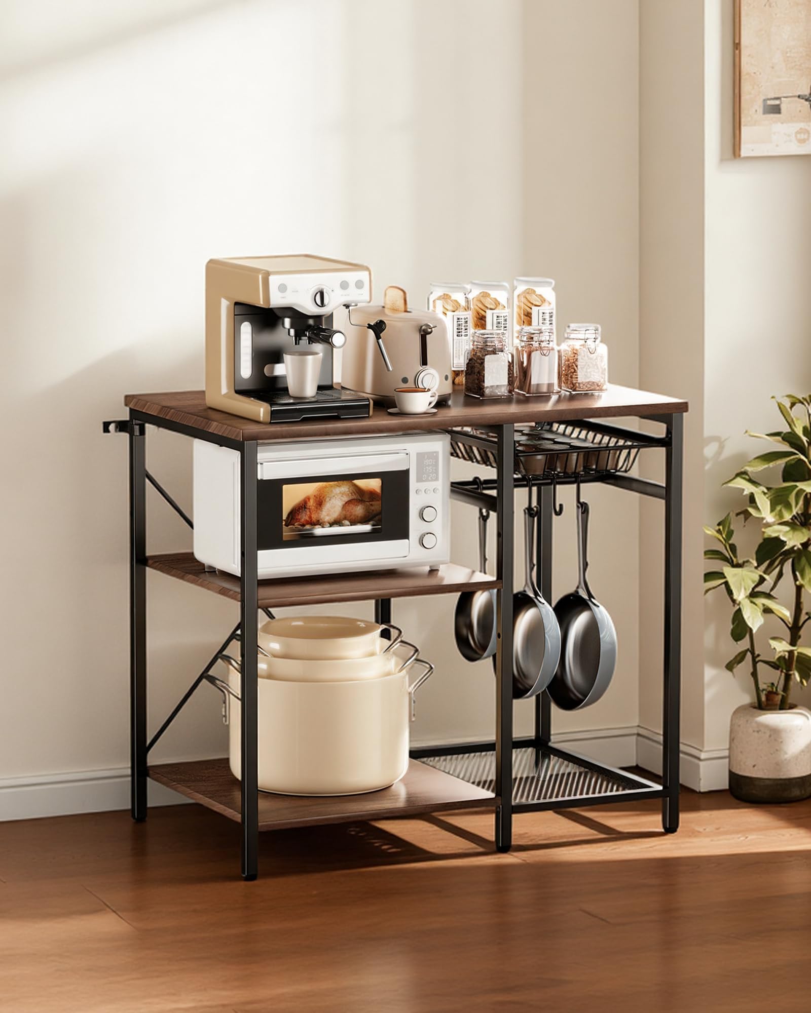 VEVOR Estante para Panaderos de Cocina de 3 Niveles, Estantería de Almacenamiento de Servicios 90 x 40 x 90 cm con 5 Ganchos, Carga del Superior de 30 kg, Estante con Soporte para Horno Microondas