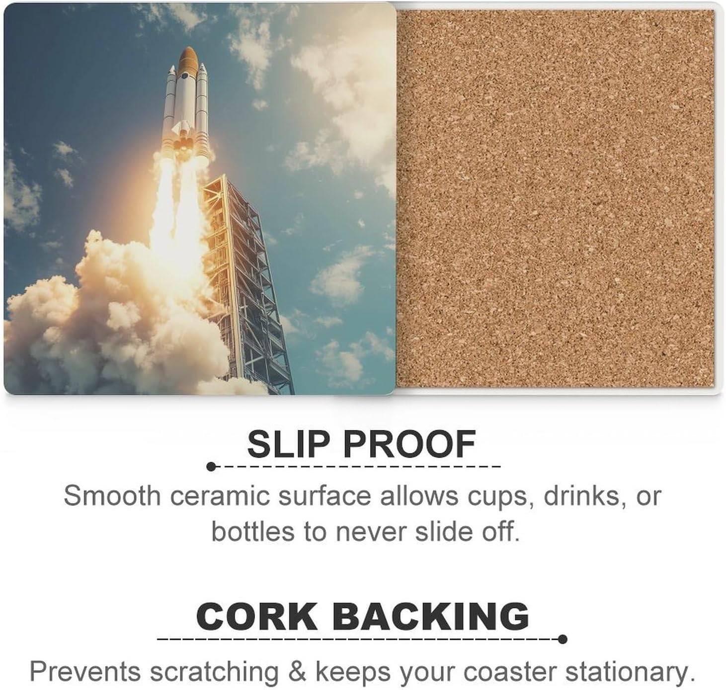 Rocket Launch Coasters for Drinks Square Table Coasters Set Cup Mats with Cork Base
