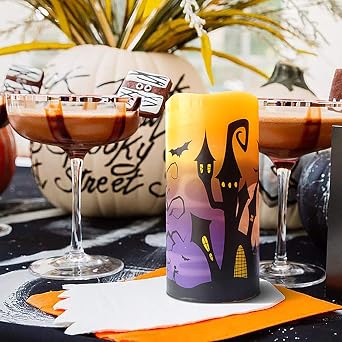 Halloween LED Flameless Pillar Candles Battery Operated with 6 Hour Timer Set of 3 Orange Wax Warm Light Flickering Witch Bats Castle Spooky Decals Halloween Decor Gifts(3 x 6 Inch)
