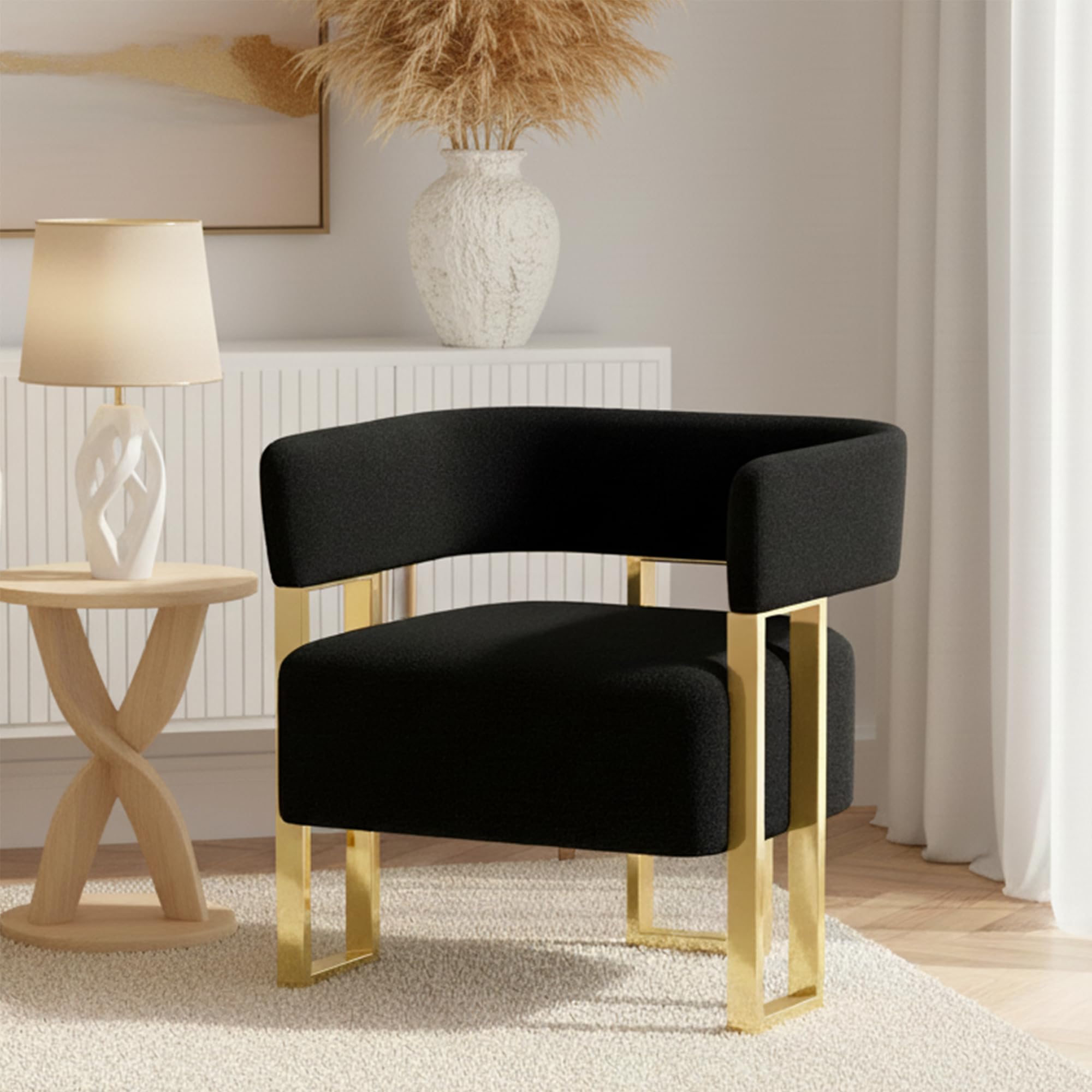 AODAILIHB Modern Accent Chair, Black Teddy Fleece Upholstered Barrel Chairs with Gold Metal Legs - Upholstered Armchairs for Living Room, Bedroom,