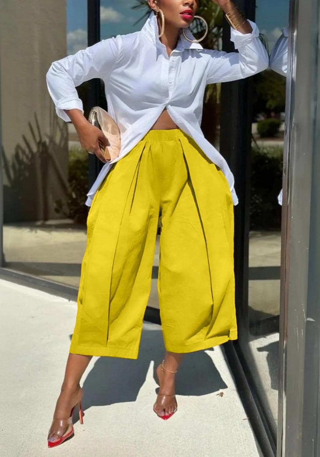 LETSVDO Women Wide Leg Palazzo Capri Pants High Waist Baggy Barrel Balloon Pleated Dress Crop Trousers Long Shorts Jorts
