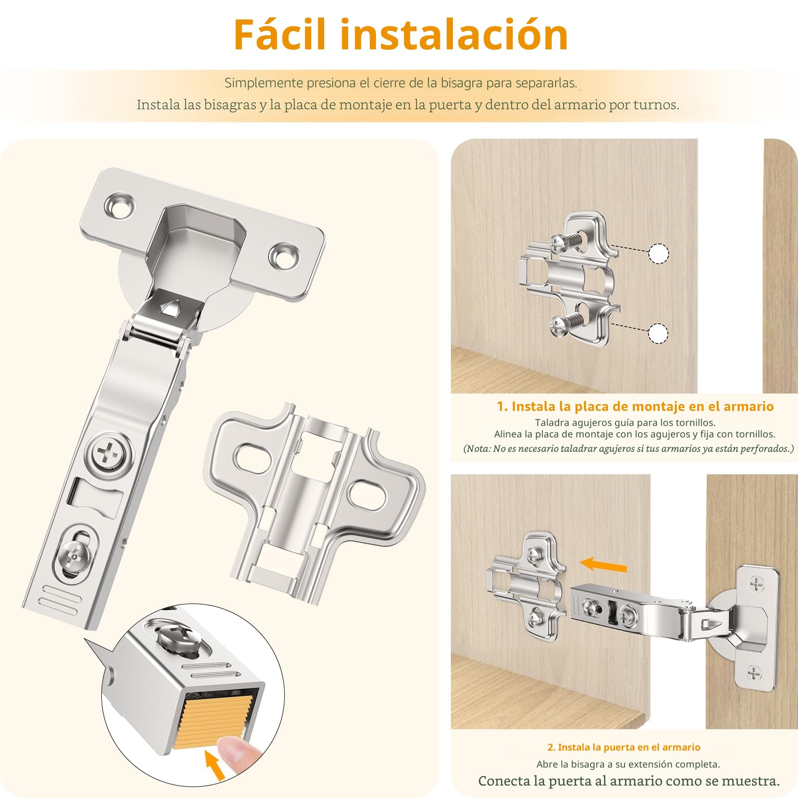 Furniware 2 bisagras ocultas totales 3D con cierre suave – Ángulo 45°-105°, autocierre, níquel satinado, Clip-On, acero inoxidable para puertas de armario/cocina