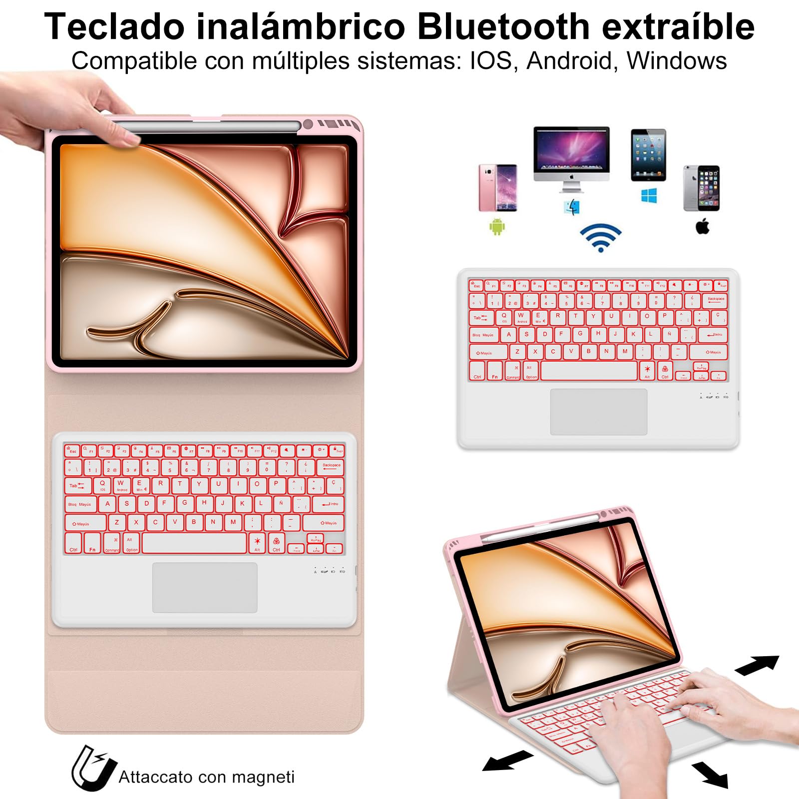 IVEOPPE Teclado para iPad Air 13 Pulgadas M4 2026/M3 2025/M2 2024 con Touchpad, Funda Cover Keyboard Retroiluminado de 7 Colores Español Ñ Bluetooth Desmontable para iPad Pro 12.9 3-6 Gen, Rosa