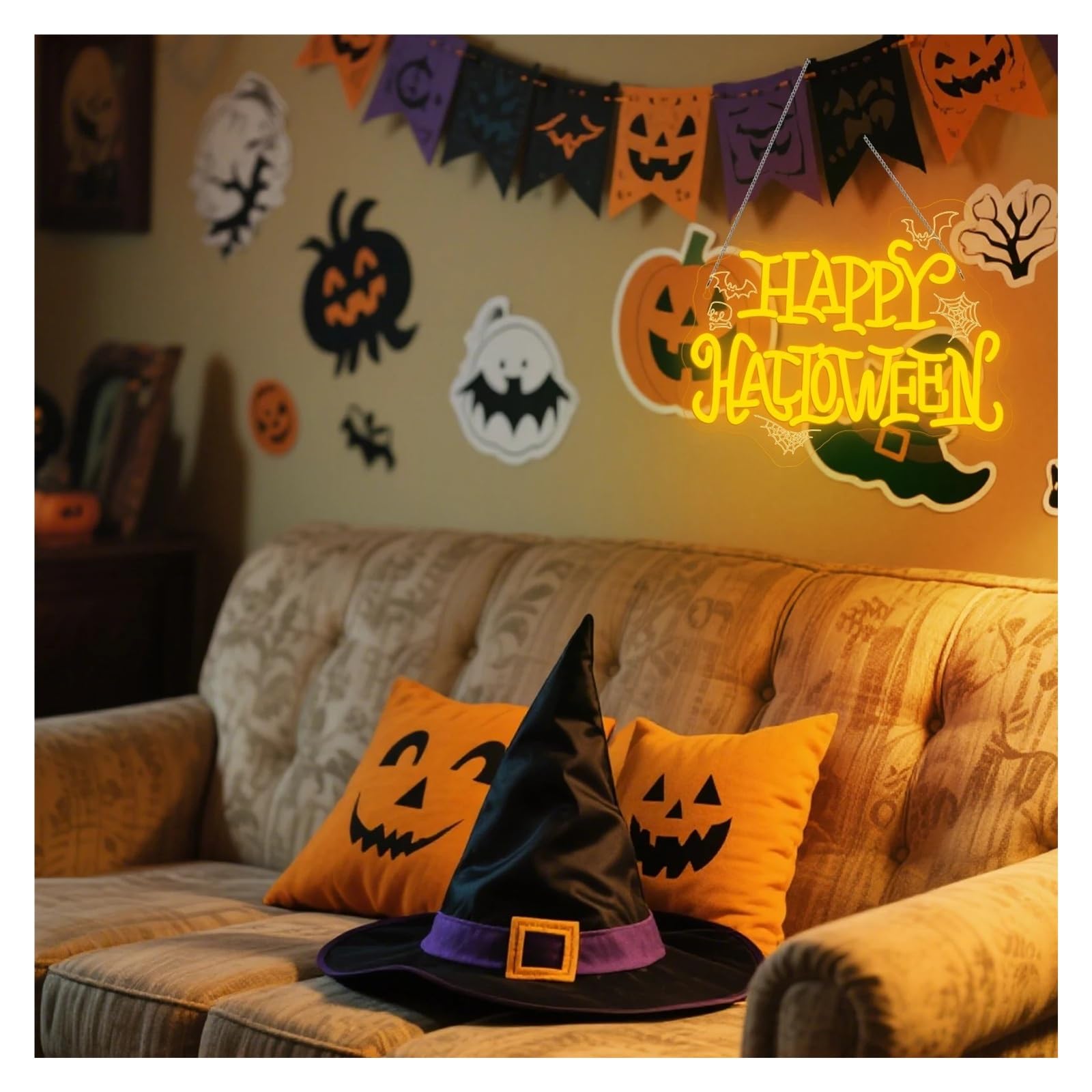 Hängende Kunst-Leuchtreklamen Happy Halloween Leuchtreklame Fledermäuse Spinnennetze Totenkopf Dimmbare LED-Licht-Wanddekoration für Halloween-Party 15.35×12.4in