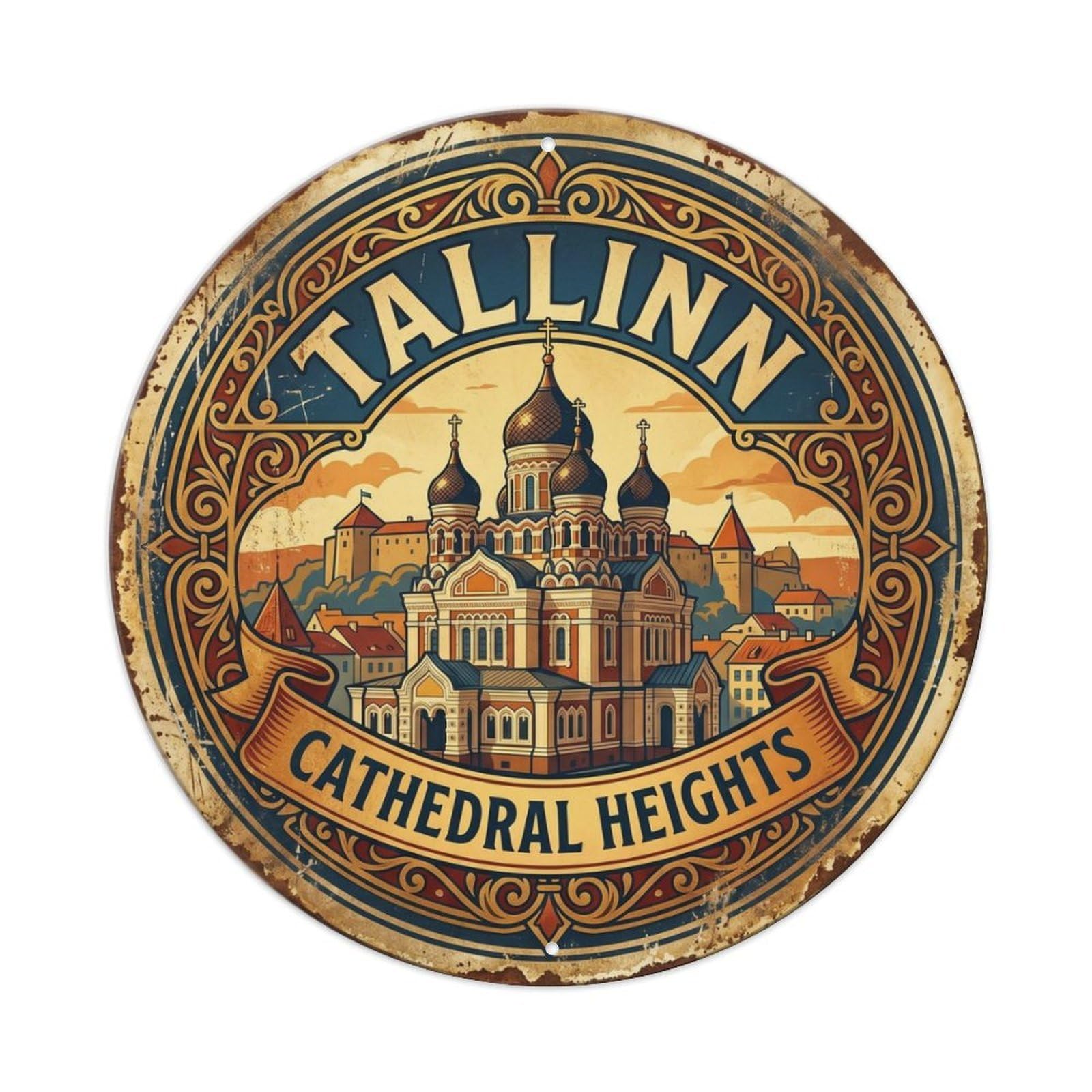 Vintage Travel Tallinn Cathedral Spires Metal Tin Sign Plaque Wall Decor for Cafe, Club Bar, Office, Home Garden Round Metal Poster 8x8Inch