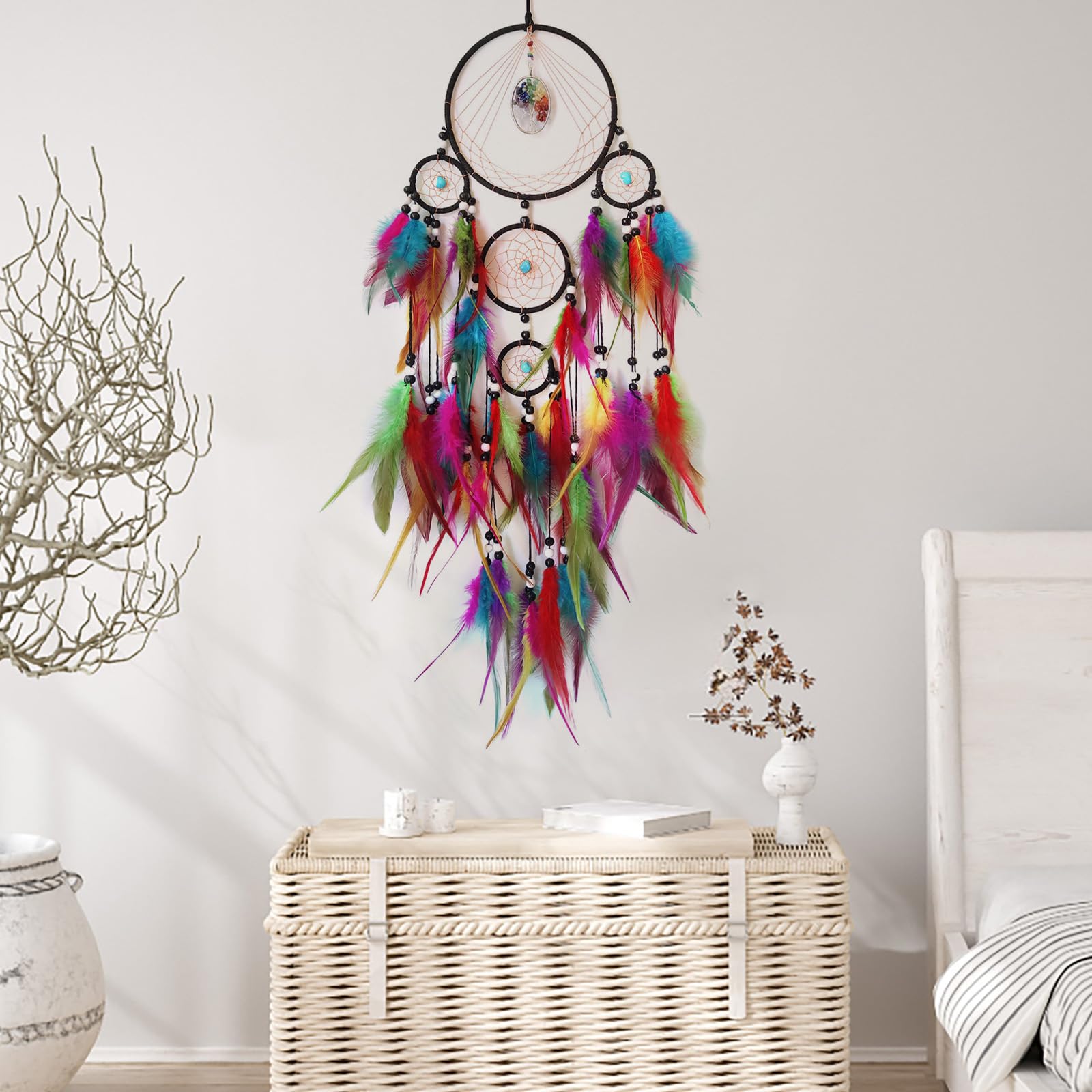 Traumfänger für Schlafzimmer und Erwachsene, große Wandbehang mit Kristallen, bunte Feder-Traumfänger für Kinder, Jungen, Mädchen, Hochzeitsfeier, Dekoration | Handgefertigt, Wanddekoration, Wandbehang, Ornament, Schlafzimmer, Wohnzimmer, Heimdekoration