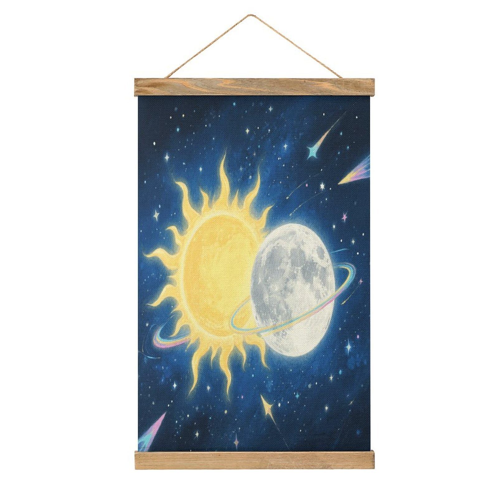 VstaDank Moon Sun Hanging Poster with Wooden Frame Modern Linen Hanging Painting Retro Style Wall Decor Art Painting for Living Room,Bedroom Decor Poster Frame 20.4x13.1inch