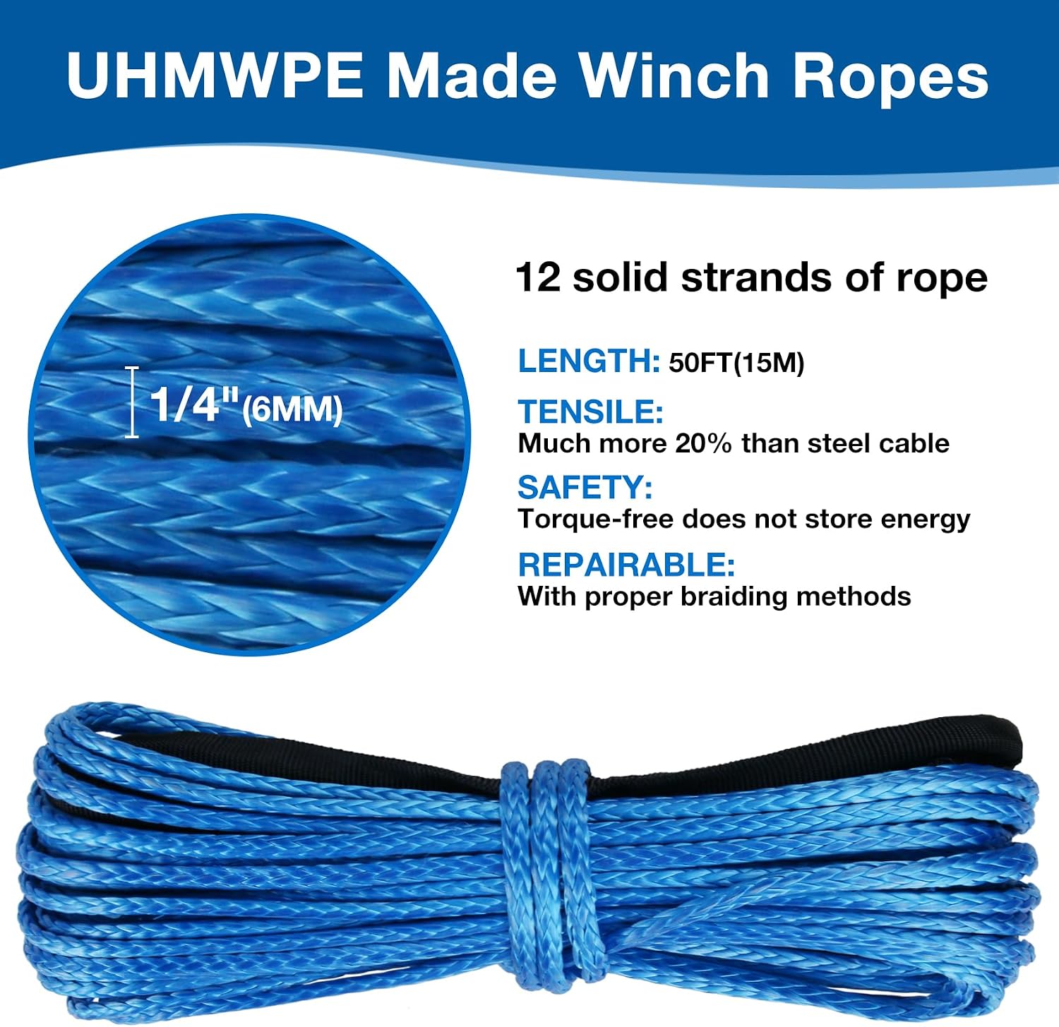 1/4" Synthetic Winch Rope Kit, 1/4 In x 50 Ft 10,000LBs Strength ATV Winch Rope Line with Steel Hook, Fairlead, Rubber Stopper, Protecting Sleeve and Thimble, Suitable for ATV, SUV, Vehicle (Blue)
