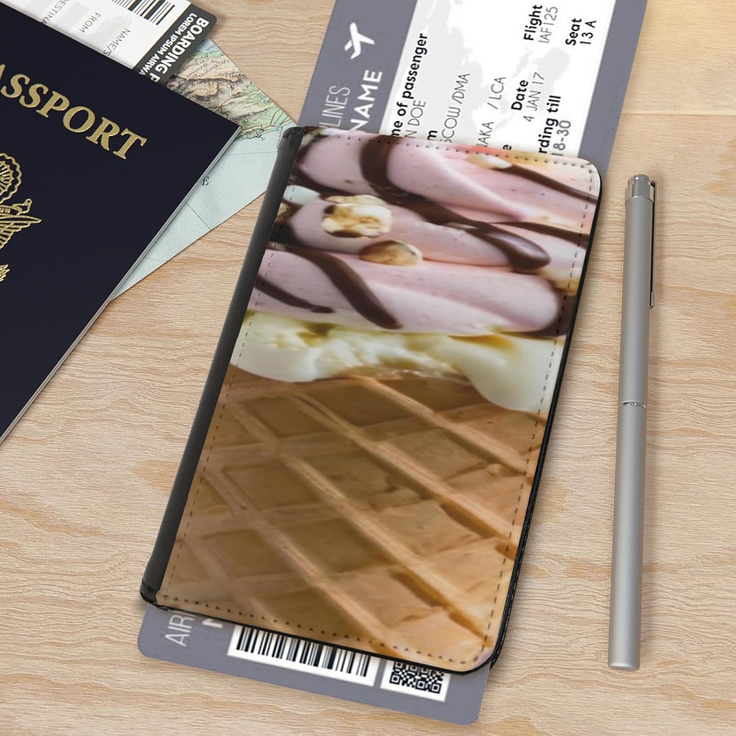 Art and Beyond Leatherette Passport Wallet with Card Storage Pockets Ice Cream Cone Cover Novelty Rocky Road Cute Food Lovers Snack Dessert Design Fun Design Passport Holder Case, Black image 3