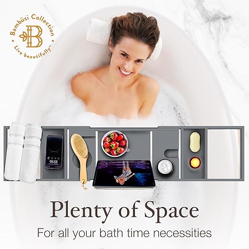 Miniatura 15 de Bambüsi Mesa de bandeja de bañera, plegable y ajustable, bandeja de bañera de bambú plegable, accesorios de bañera de madera, regalos únicos