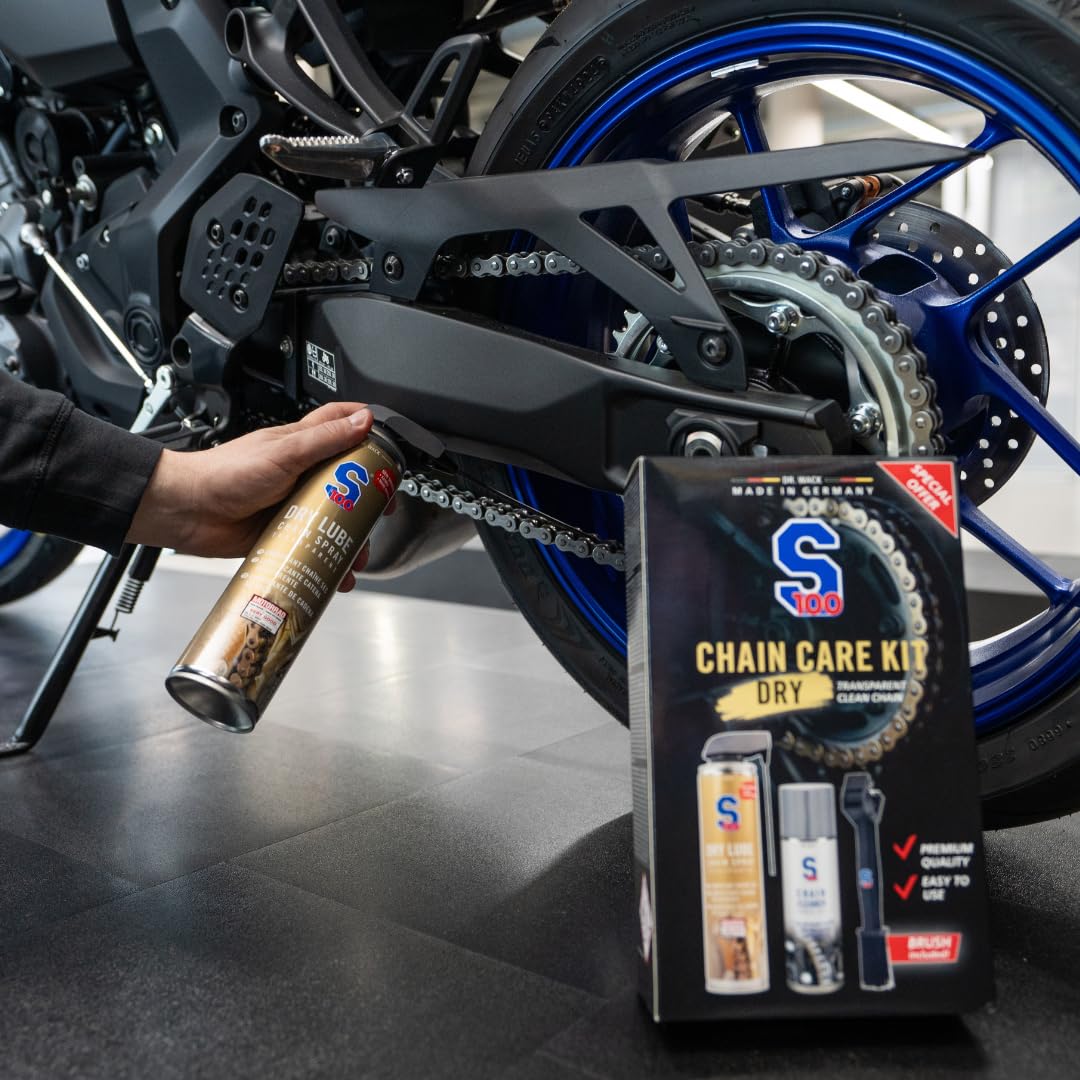 Dr. Wack - Kit Entretien Sec pour Chaîne de Moto S100 - Lubrifiant Dry Lube + Nettoyant Chain Cleaner + Brosse Spécialisée - Protection Premium Contre Usure & Corrosion - Fabrication Allemande