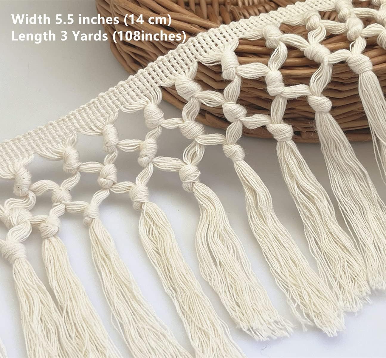 FQTANJU 3 Yards 14cm Wide Tassel Trim, Cotton Tassel Fringe Boho Macrame Tassel Ribbon for Sewing Accessories DIY Crafts and Home Decoration(Beige)