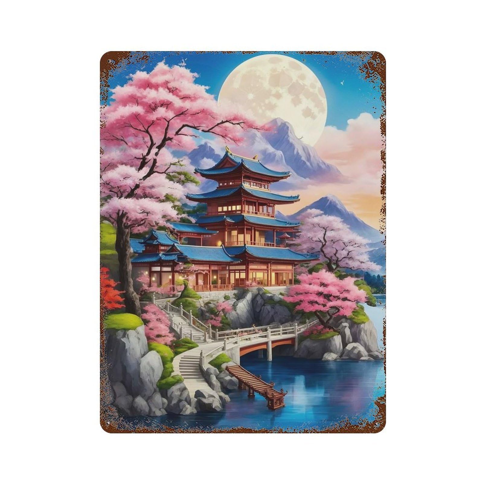 Beautiful Village In Japan Rust Effect Tin Sign 15.7"x11.8", for Farmhouse, Kitchen And Entryway Decor, Decorative Metal Wall Art