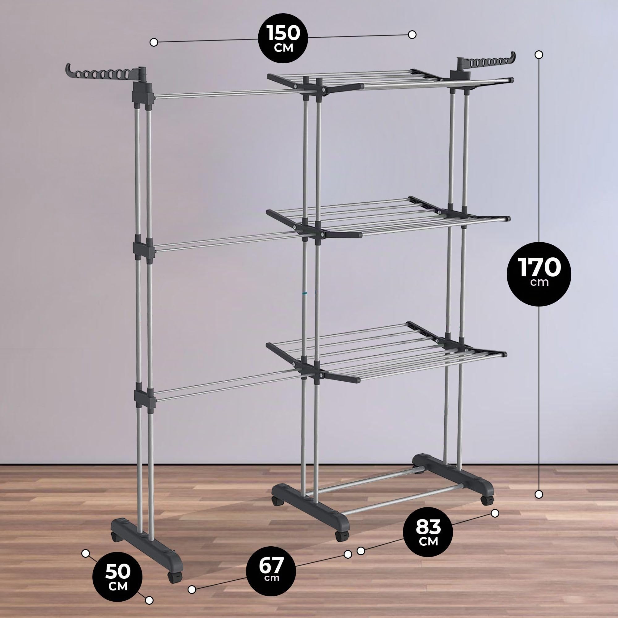 Vonia Stendibiancheria A Doppia Torre Xl - Stendibiancheria Pieghevole A 3 Ripiani Con Ruote | Stendini Da 150 Cm E Appendiabiti | Stendini Resistente - Grigio
