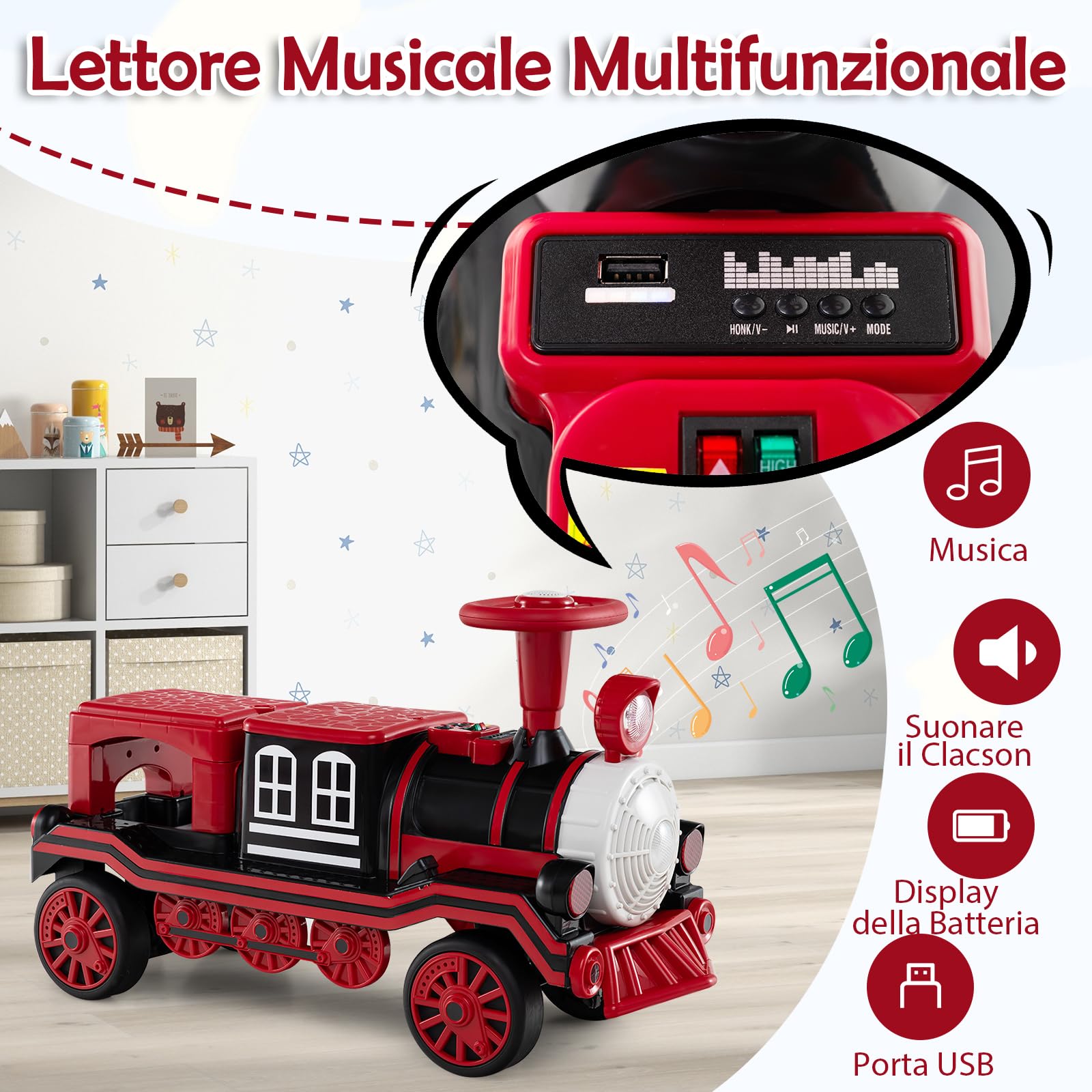 COSTWAY Trenino Elettrico Cavalcabile per Bambini, 12V Macchina Elettrica a 3 Posti con Locomotiva e Vagone Rimovibili, Treno con Luci LED, Clacson e Musica, per Bambini 3-8 Anni (Rosso)