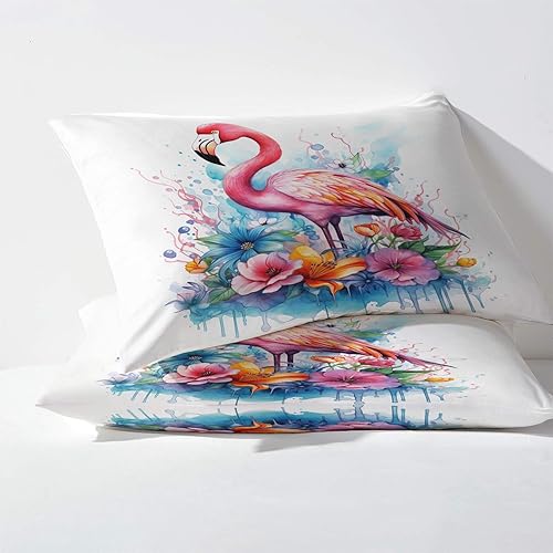 Miniatura 3 de Sábanas de flamenco tamaño Queen, sábanas de animales florales, sábanas y fundas de almohada estampadas de 4 piezas, sábana bajera ajustable de