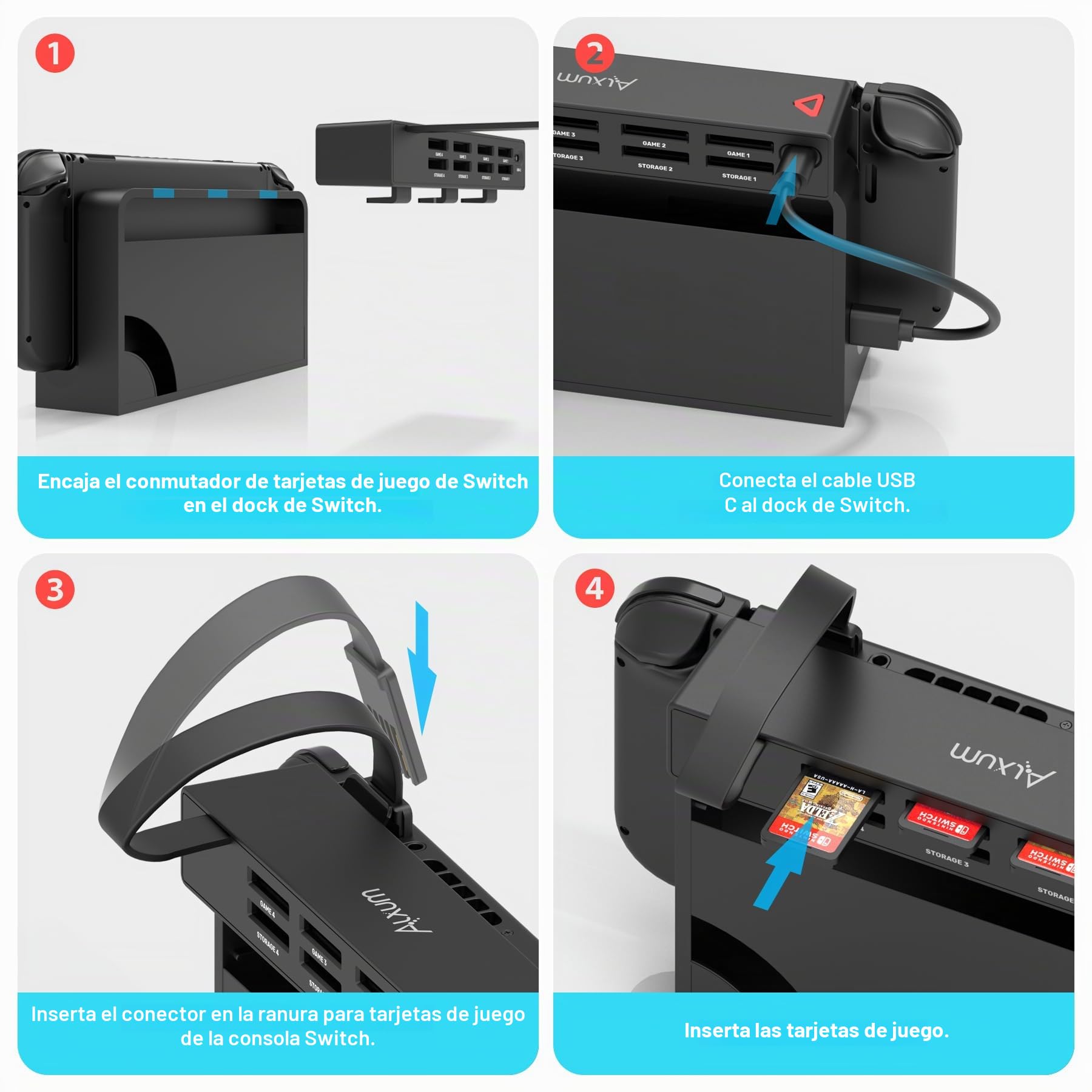 Alxum Switch Lector de Tarjetas de Juego con Mando a Distancia, 8 en 1 Multi Game Card Holder Compatible para Nintendo con 4 Gaming Cards Switcher y 4 para Almacenamiento de Tarjetas